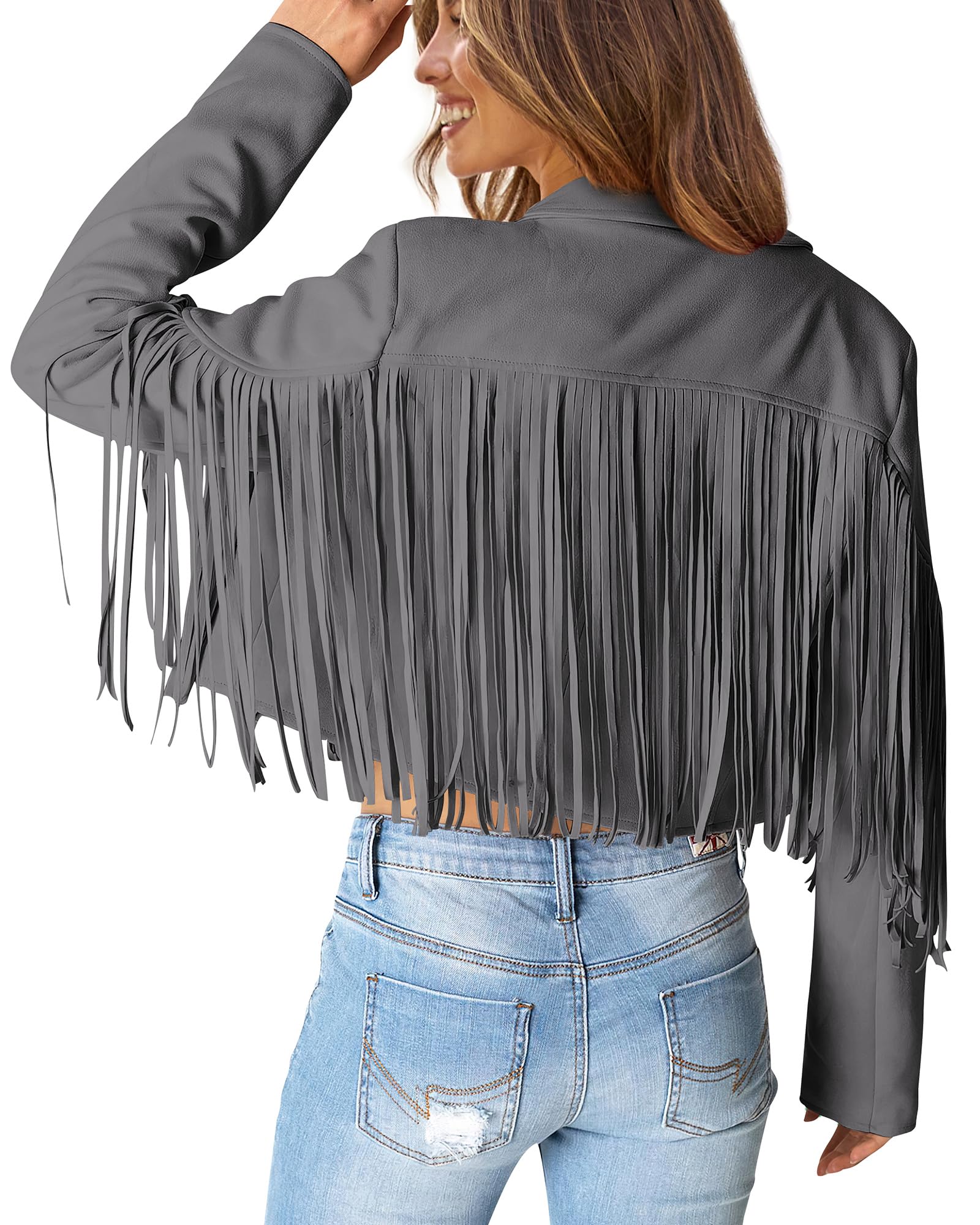 Women's Fringe Faux Suede Leather Jackets,Silver Grey,S