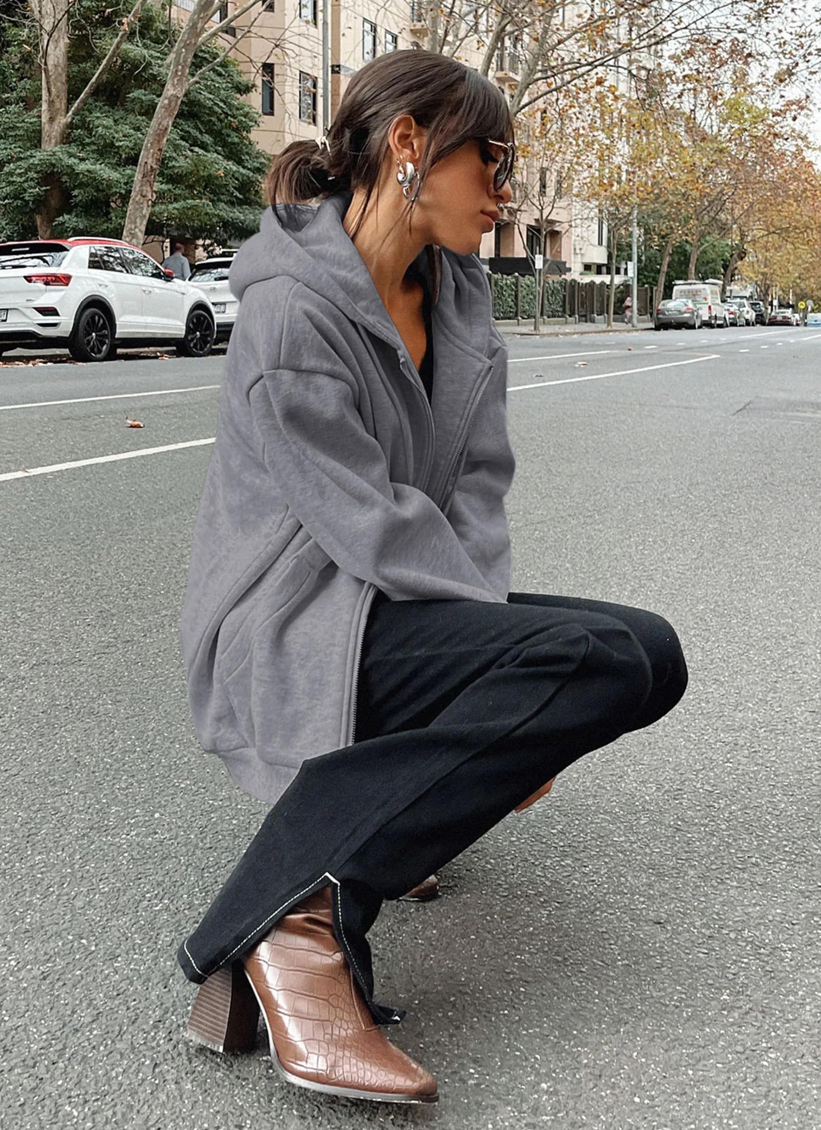 Women's Fall Zip Up Hoodies Sweatshirts Dark Grey