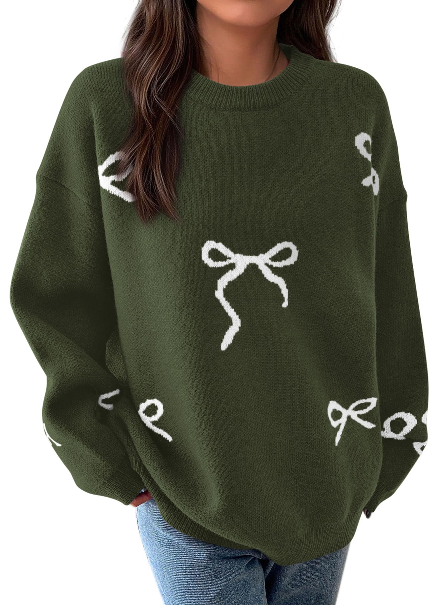 Fall Long Sleeve Pullover Sweaters for Women 2026 Trendy Crewneck Casual Cute Bow Chunky Knit Oversized Sweater (Army Green,Small)