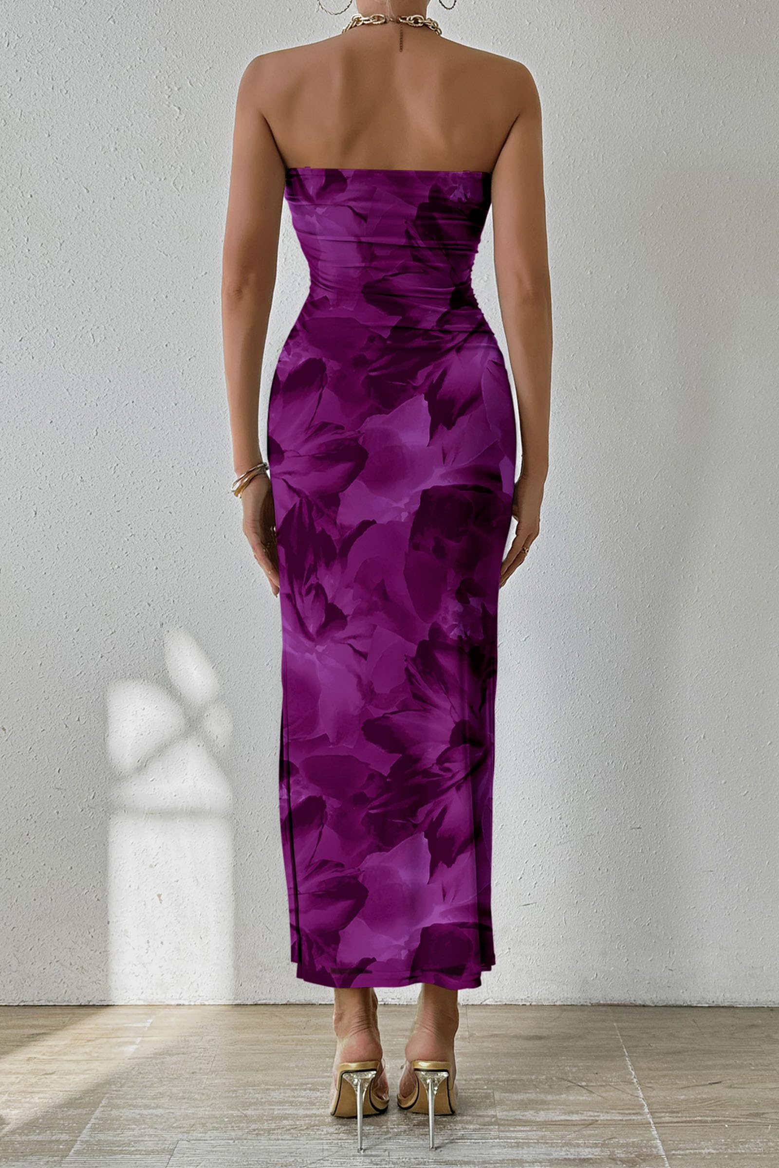 Women's Strapless Bodycon Floral Maxi Dress, Floral Purple,S