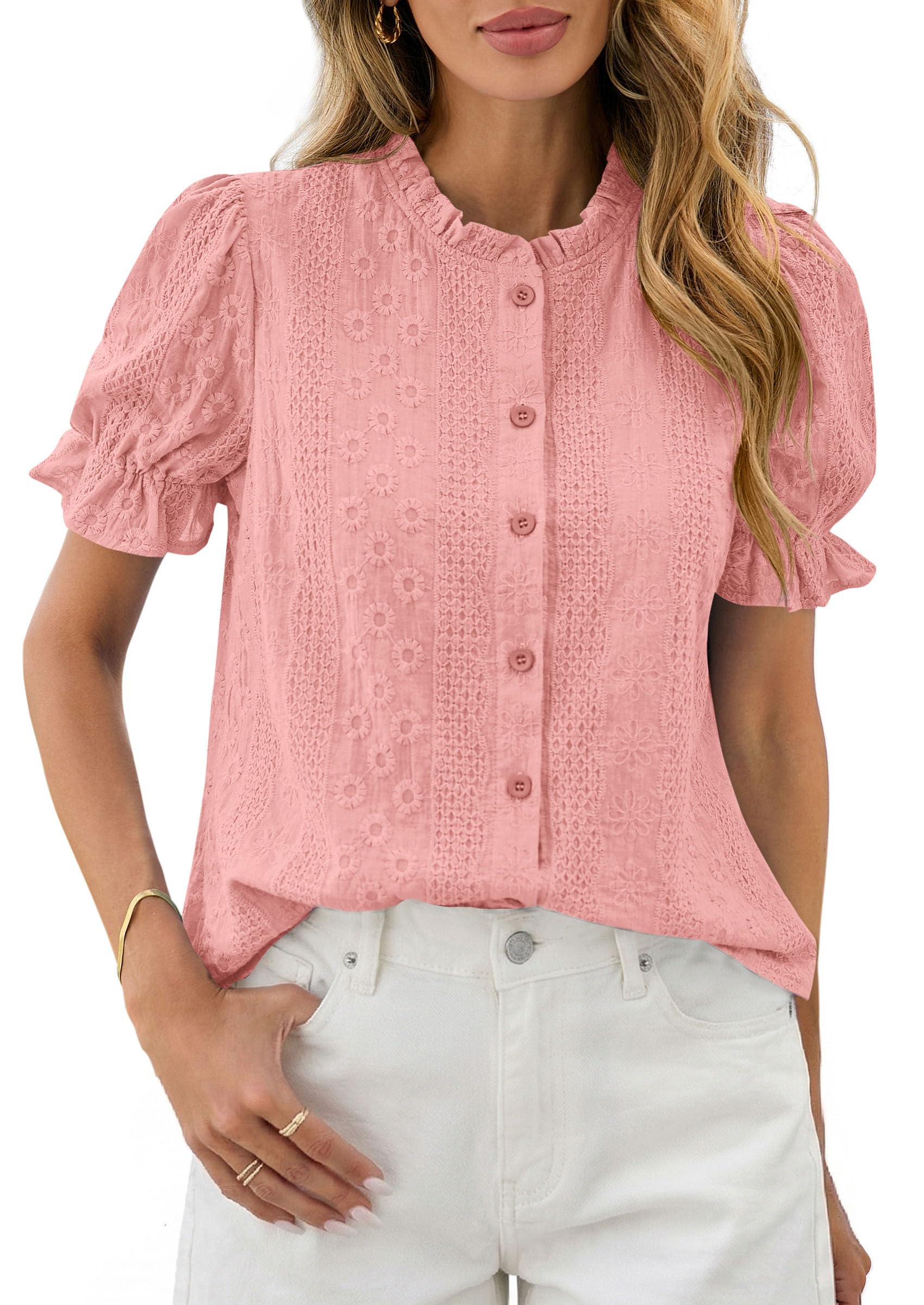 Womens Embroidered Puff Short Sleeve Tops,Pink,S