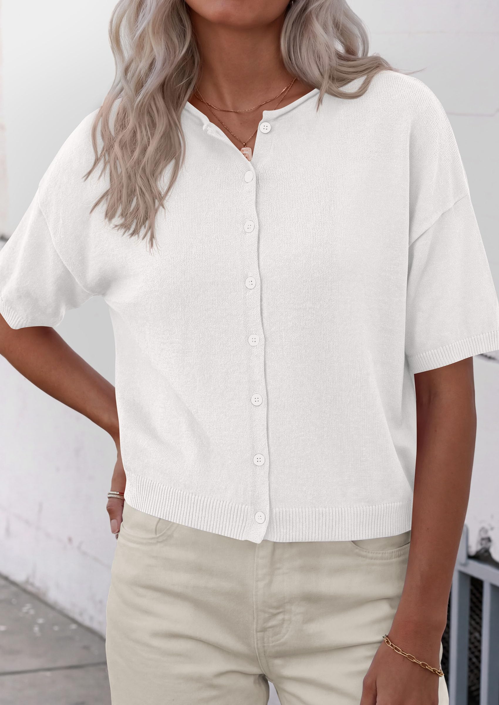 Women's Short Sleeve Cardigan Sweaters (White,Small)