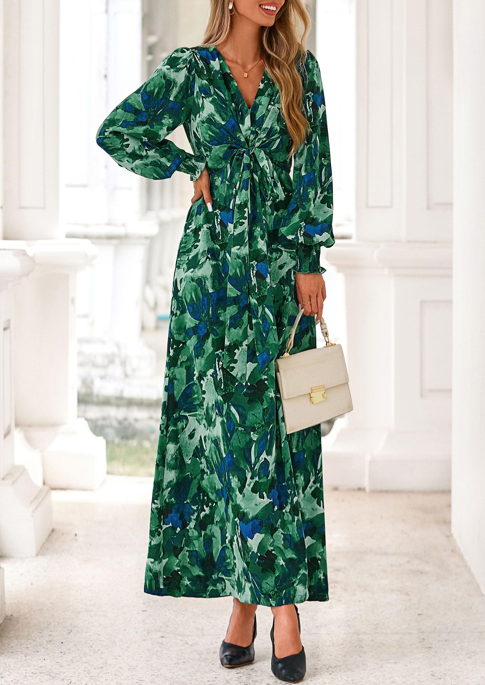 Women's Tie Waist Floral Maxi Dress,Floral Green,XL