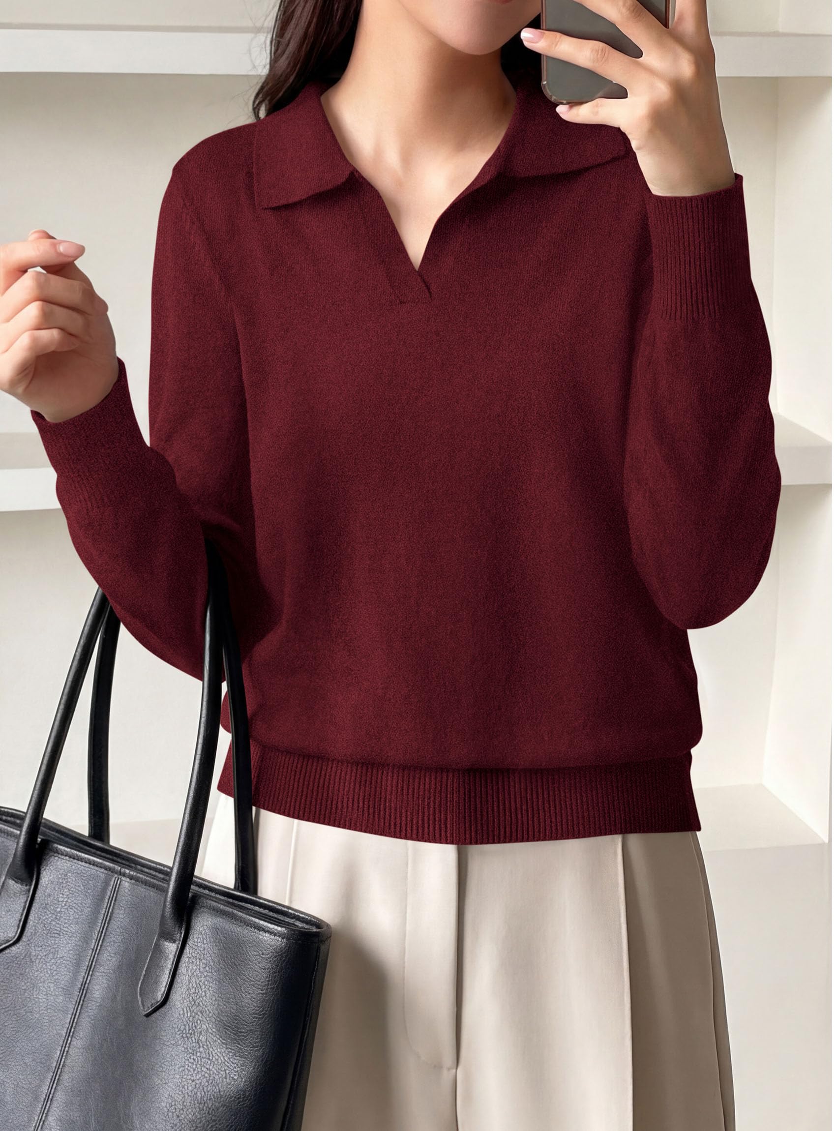 Womens Long Sleeve Collared Polo Sweater,Wine Red,S