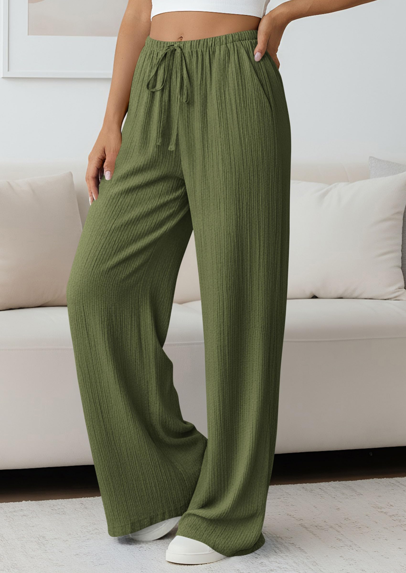 Women's Palazzo Pants Casual Wide Leg Trousers,Army Green,S