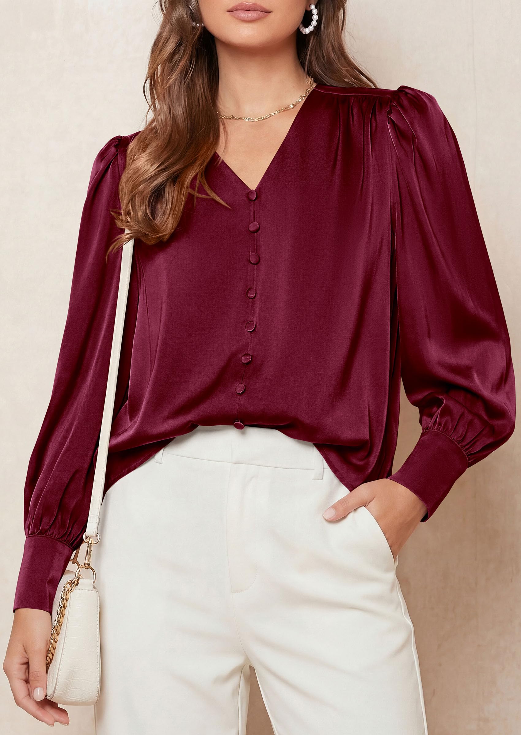 Womens Long Sleeve Satin Blouses Silk Business Casual Outfits