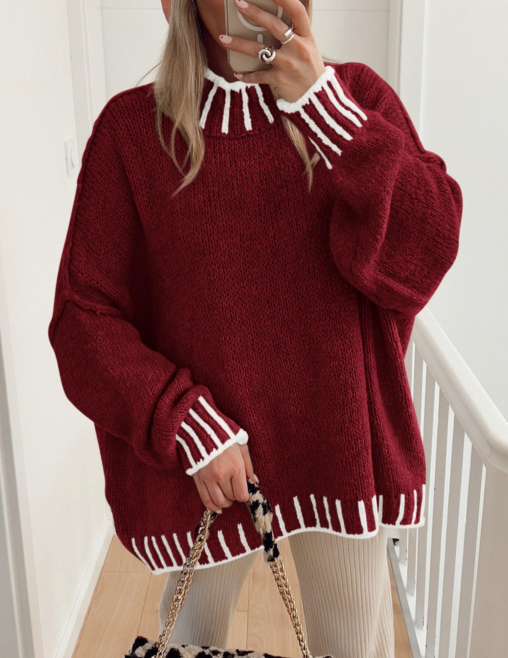 Women's Mock Neck Oversized Pullover Sweaters,Wine Red,XS