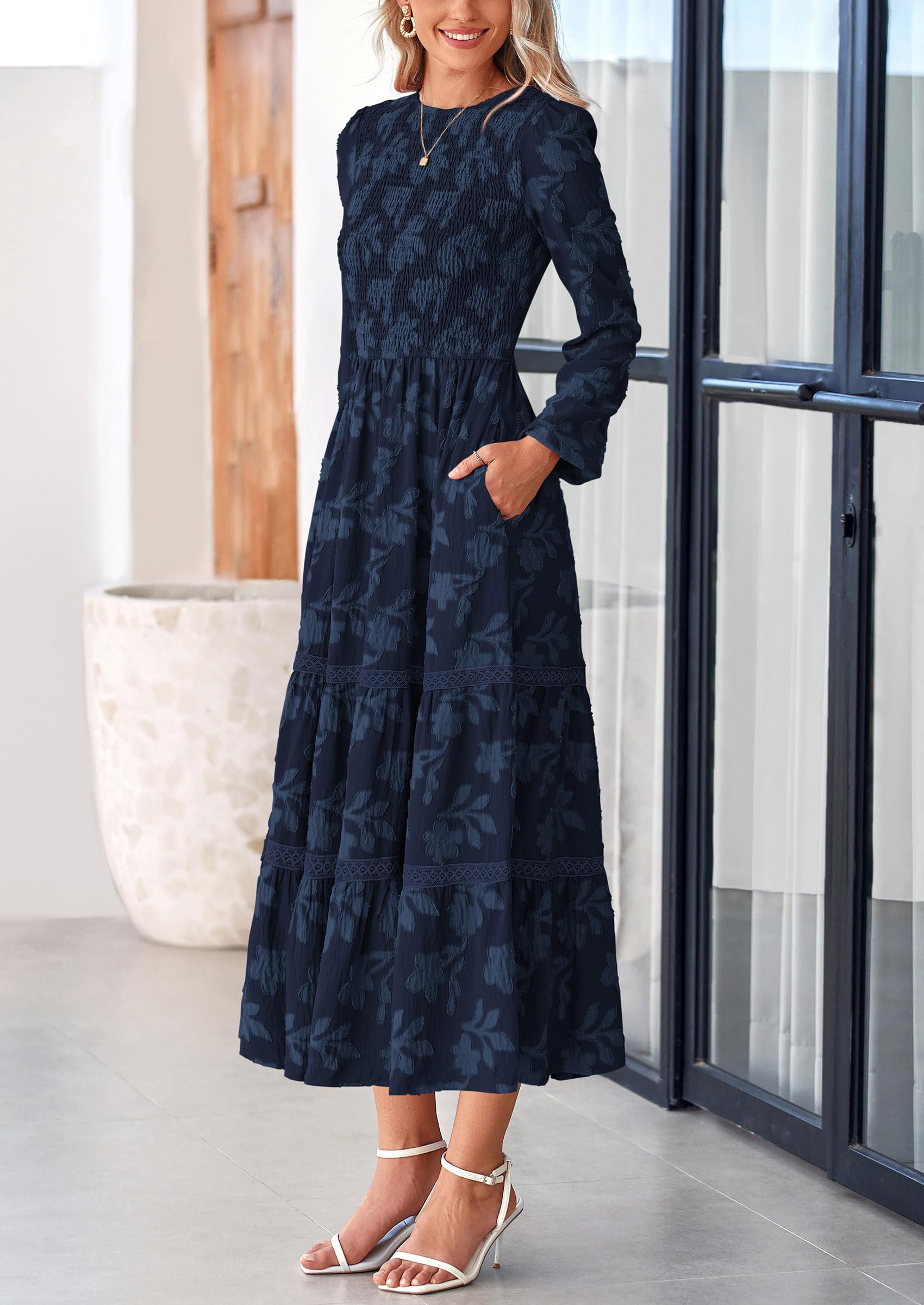 Women's Long Sleeve Boho Floral Midi Dress, Navy,S