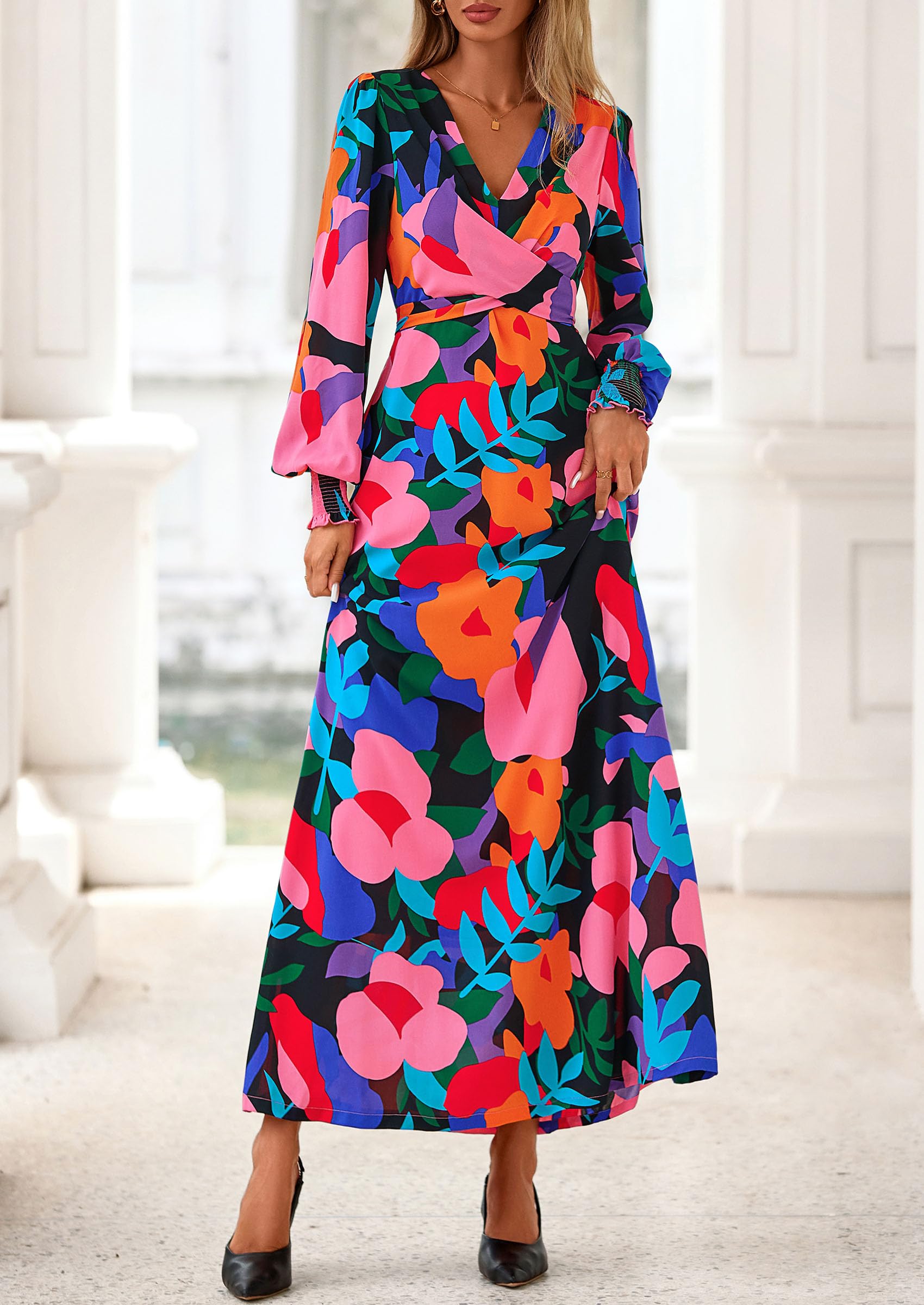 Women's Tie Waist Floral Maxi Dress,Floral Black,S