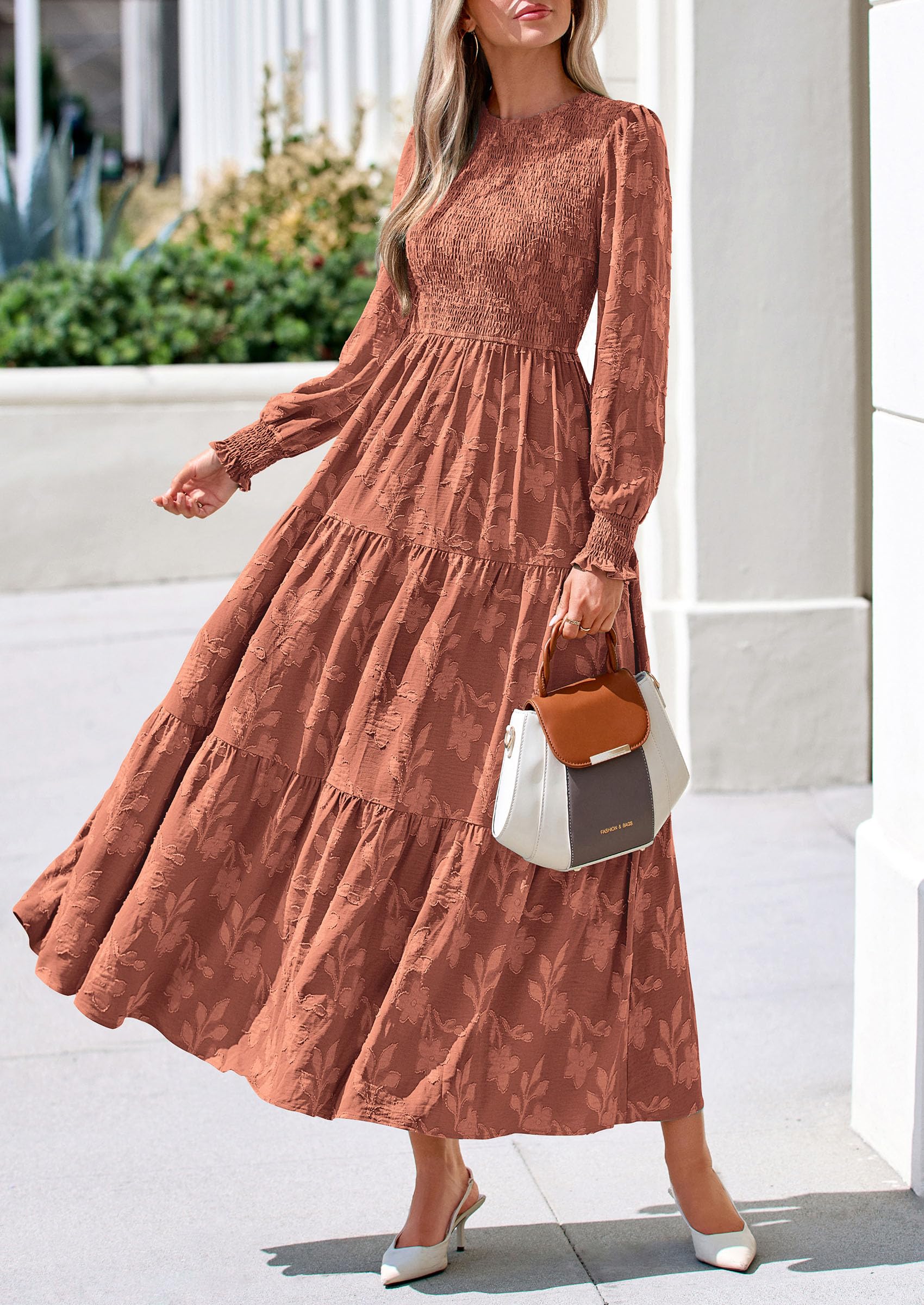 Fall Floral Long Sleeve Wedding Guest Dress for Women Pockets