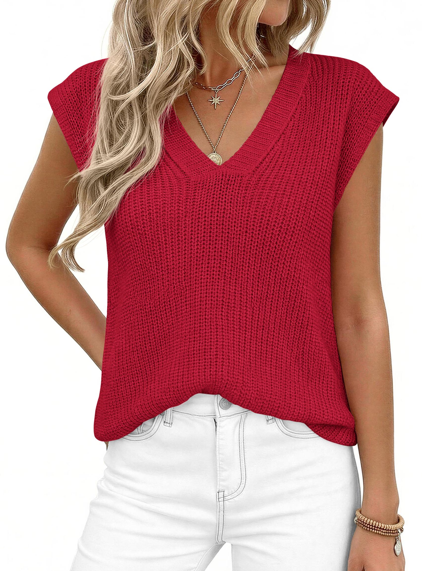 Women's Cap Sleeve Sweaters Vest Summer Tops (Red,S)