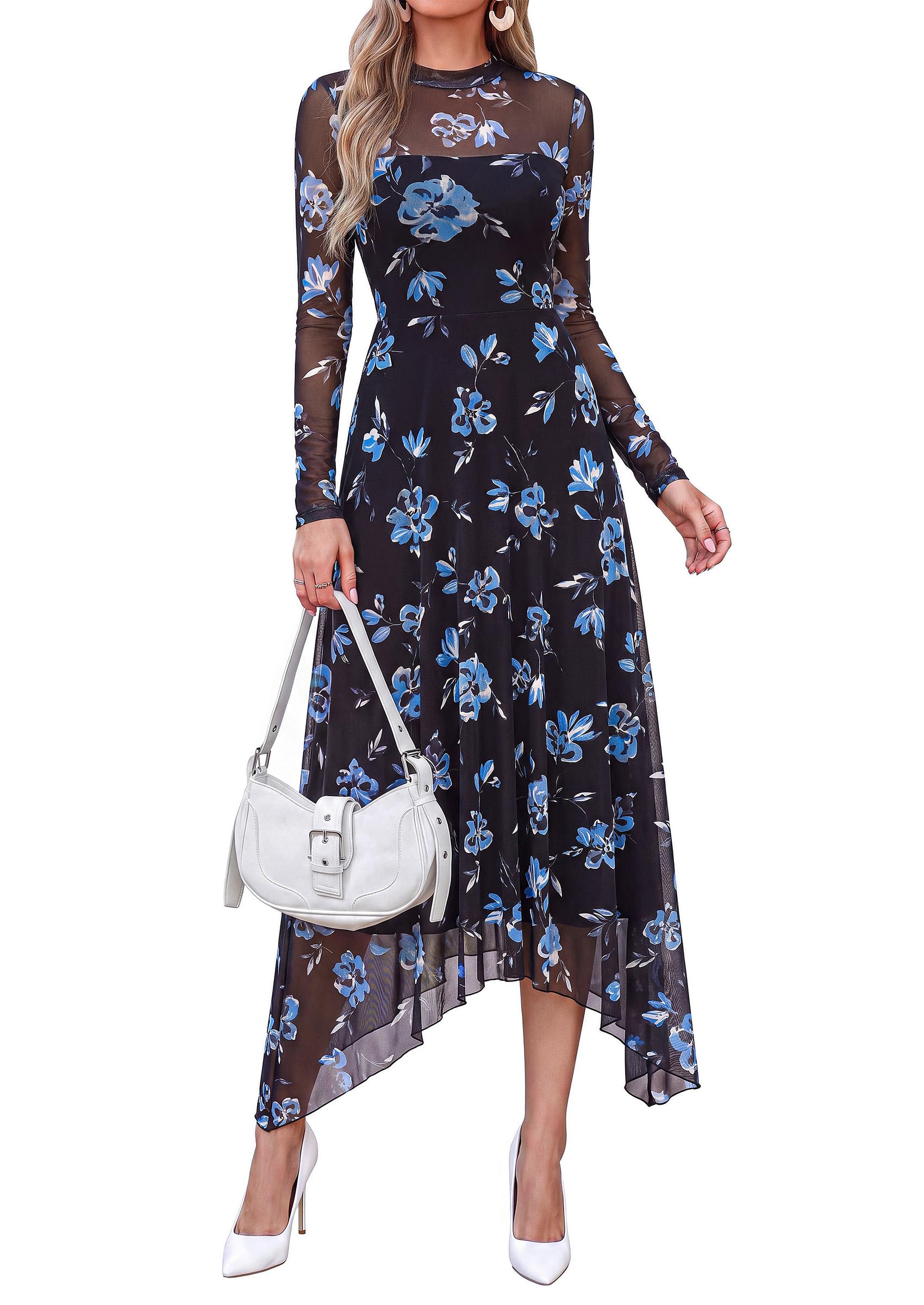 Women's Floral Mesh Midi Dress,Floral Black Blue,S