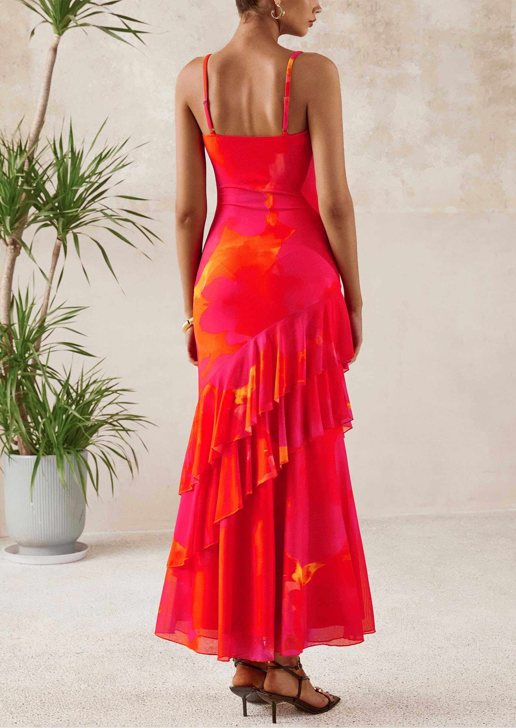 Women's Boho Floral Tiered Maxi Dress,Orange Red Big Floral,XS