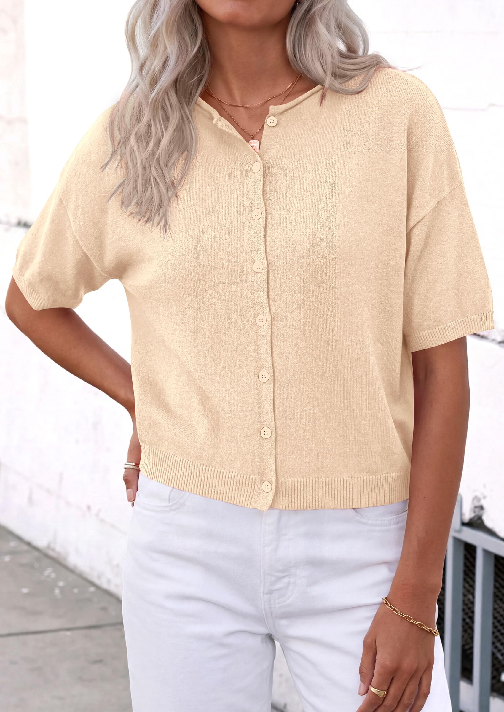 Women's Short Sleeve Cardigan Sweaters (Beige,Small)