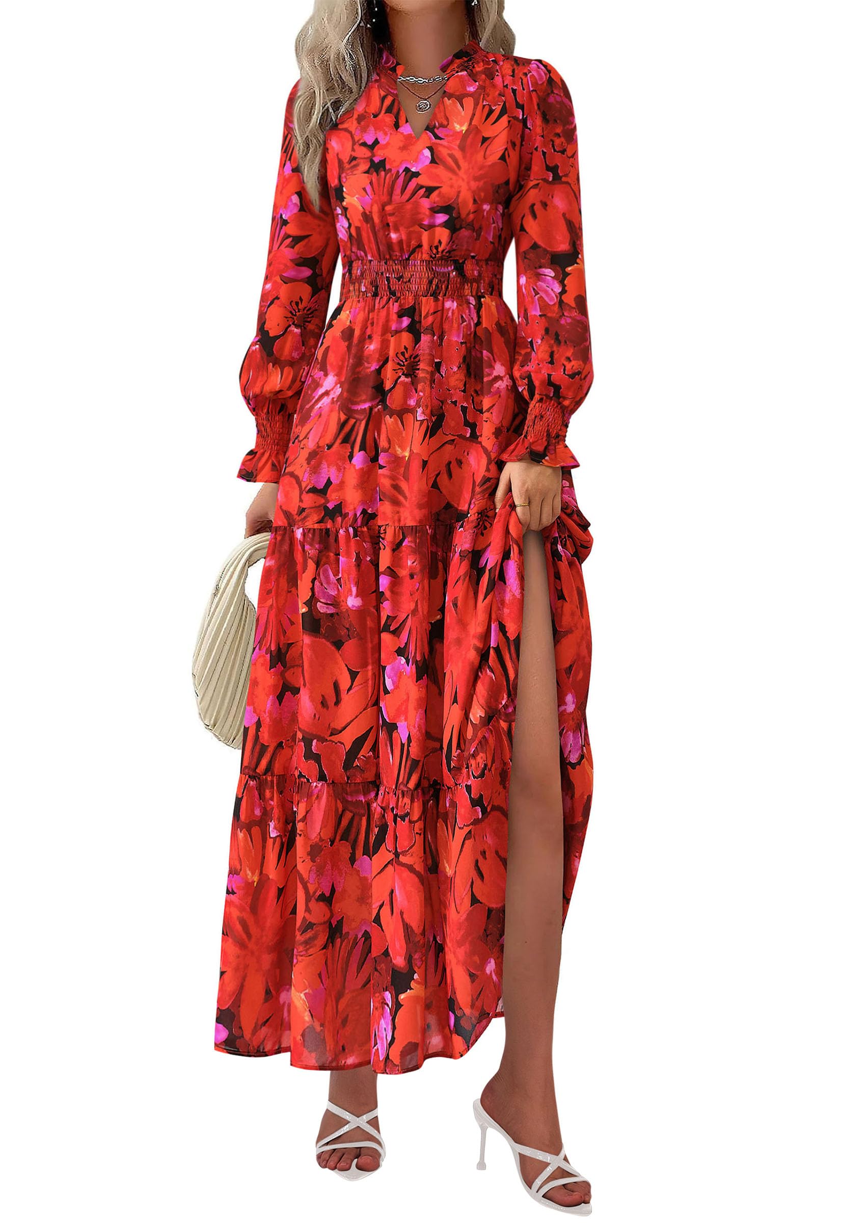 Women's Floral Maxi Dress Fall A Line Wedding Guest Dresses
