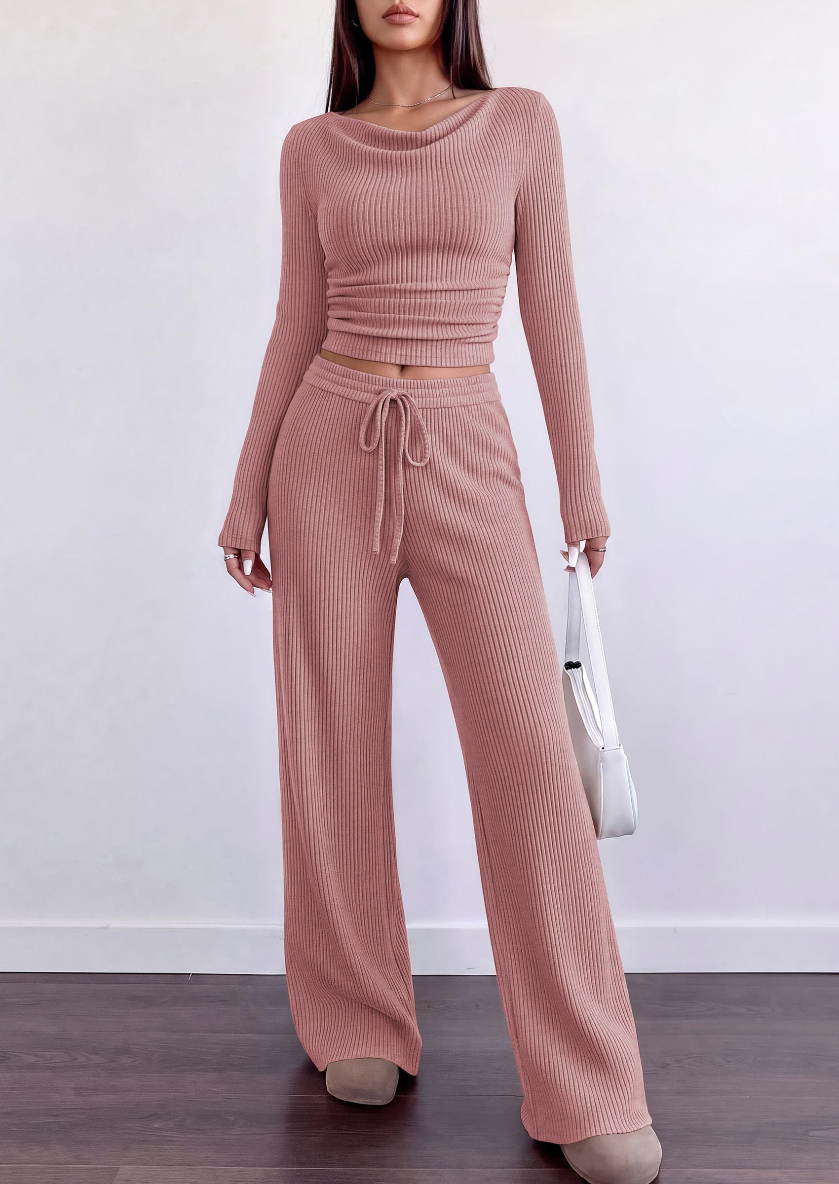 Matching Sets Women Clothing Fall Ribbed 2 Piece Lounge Set