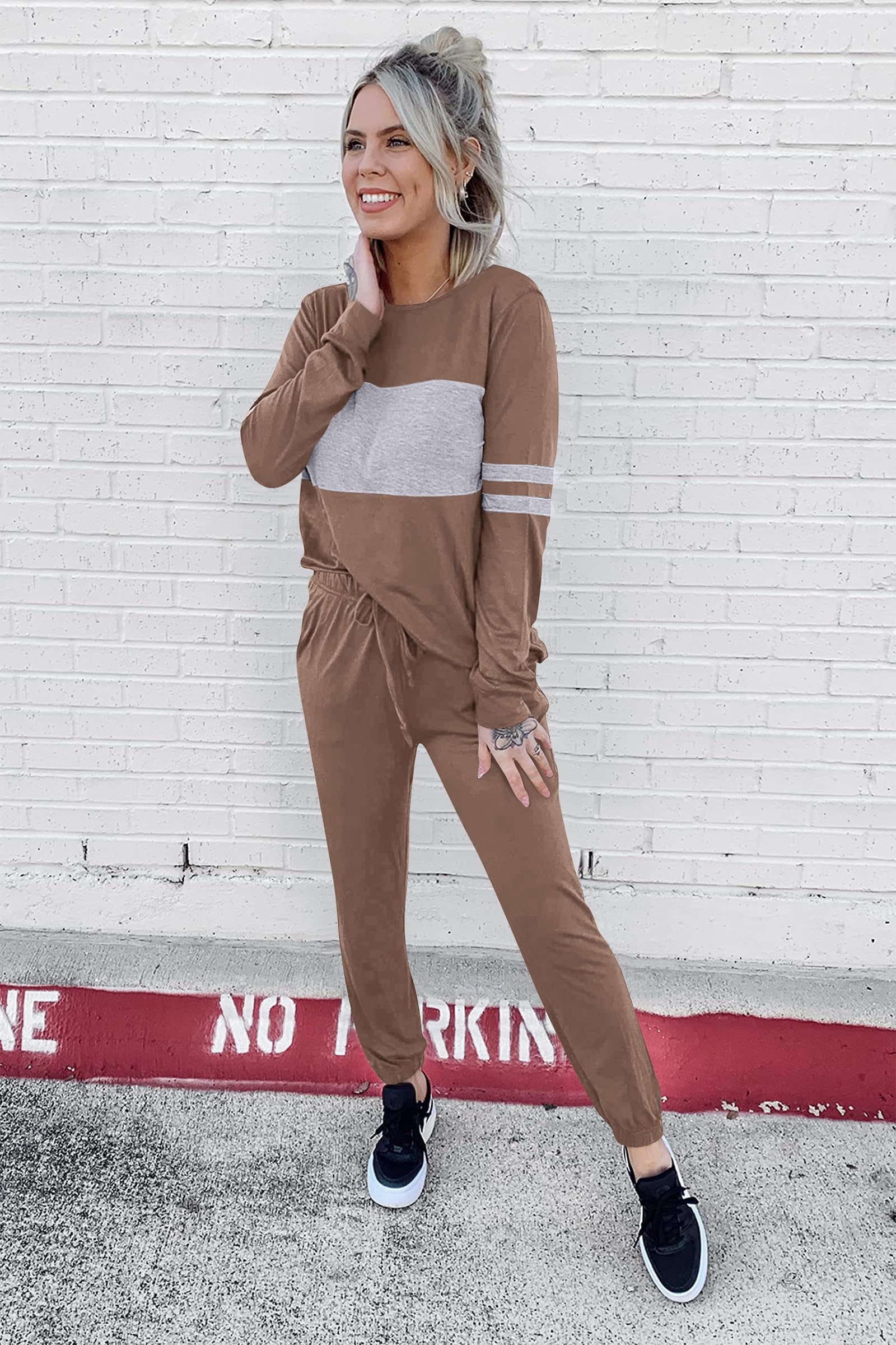 Women Color Block 2 Piece Sets Tracksuit,Dark Khaki,S