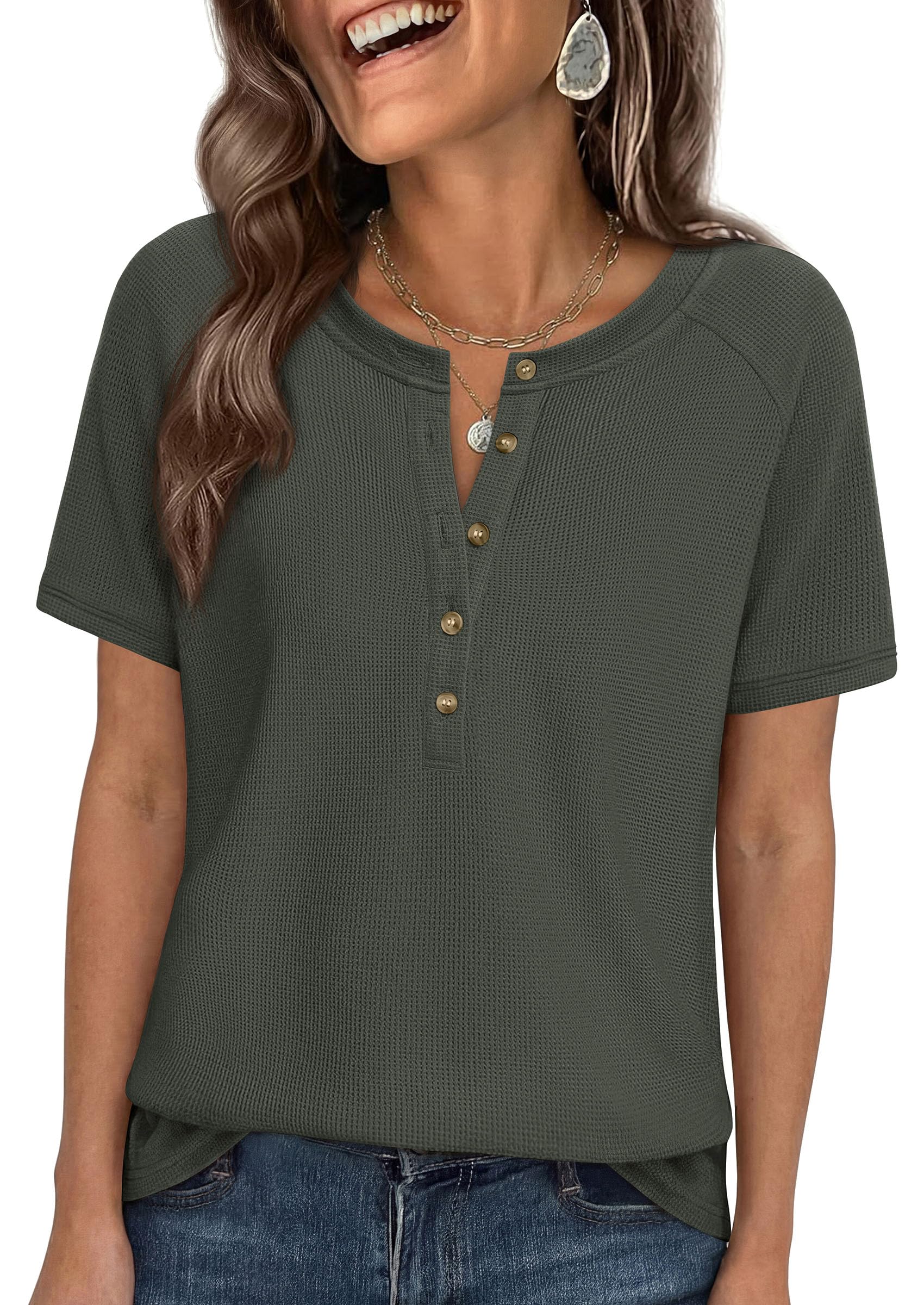 Women's Short Sleeve Waffle Knit Henley Shirts, Army Green,S