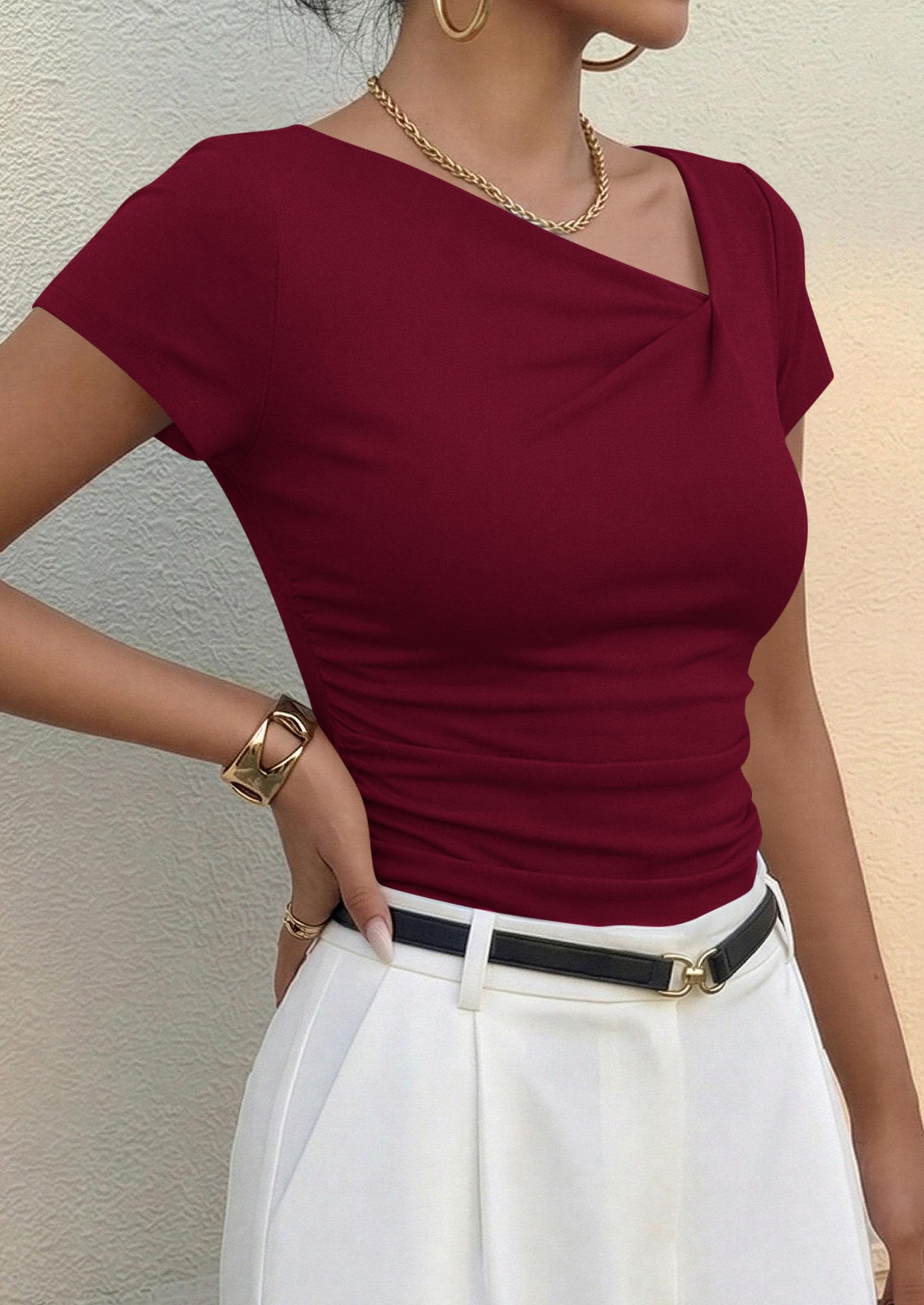 Women's Summer Trendy Asymmetrical Y2K Tops (Burgundy,S)