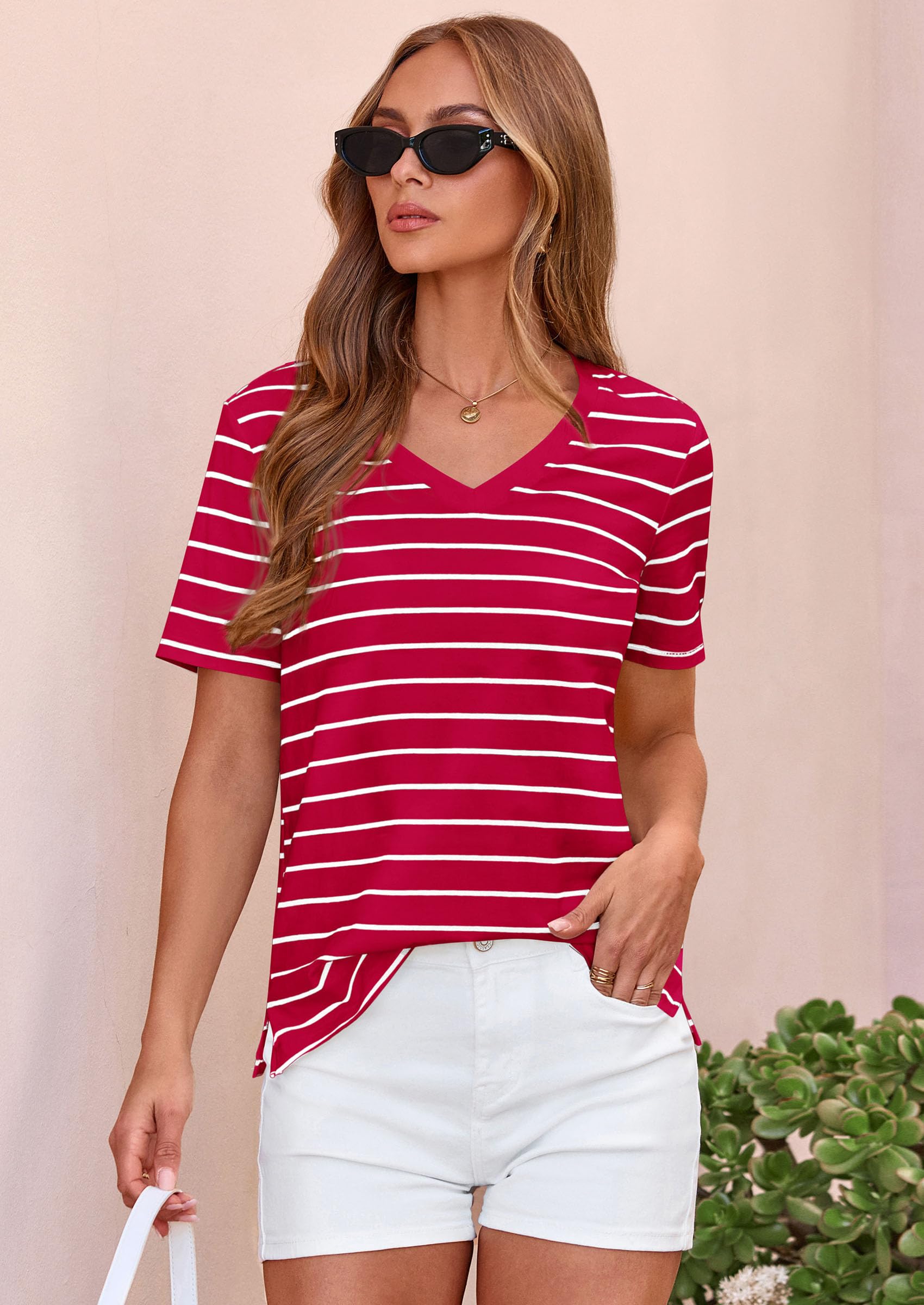 Striped Short Sleeve Womens Tops,Striped Red White,S