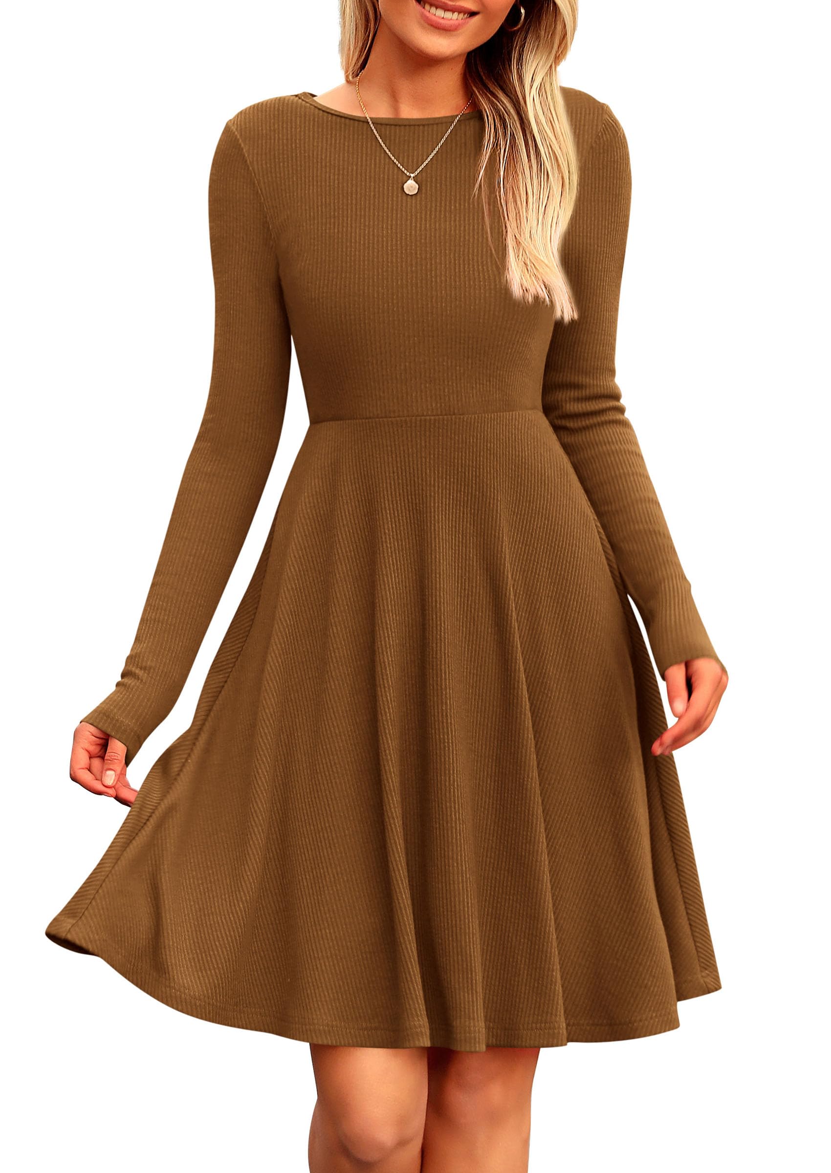 Women's Fall Casual Long Sleeve Short Dress (Brown,S)