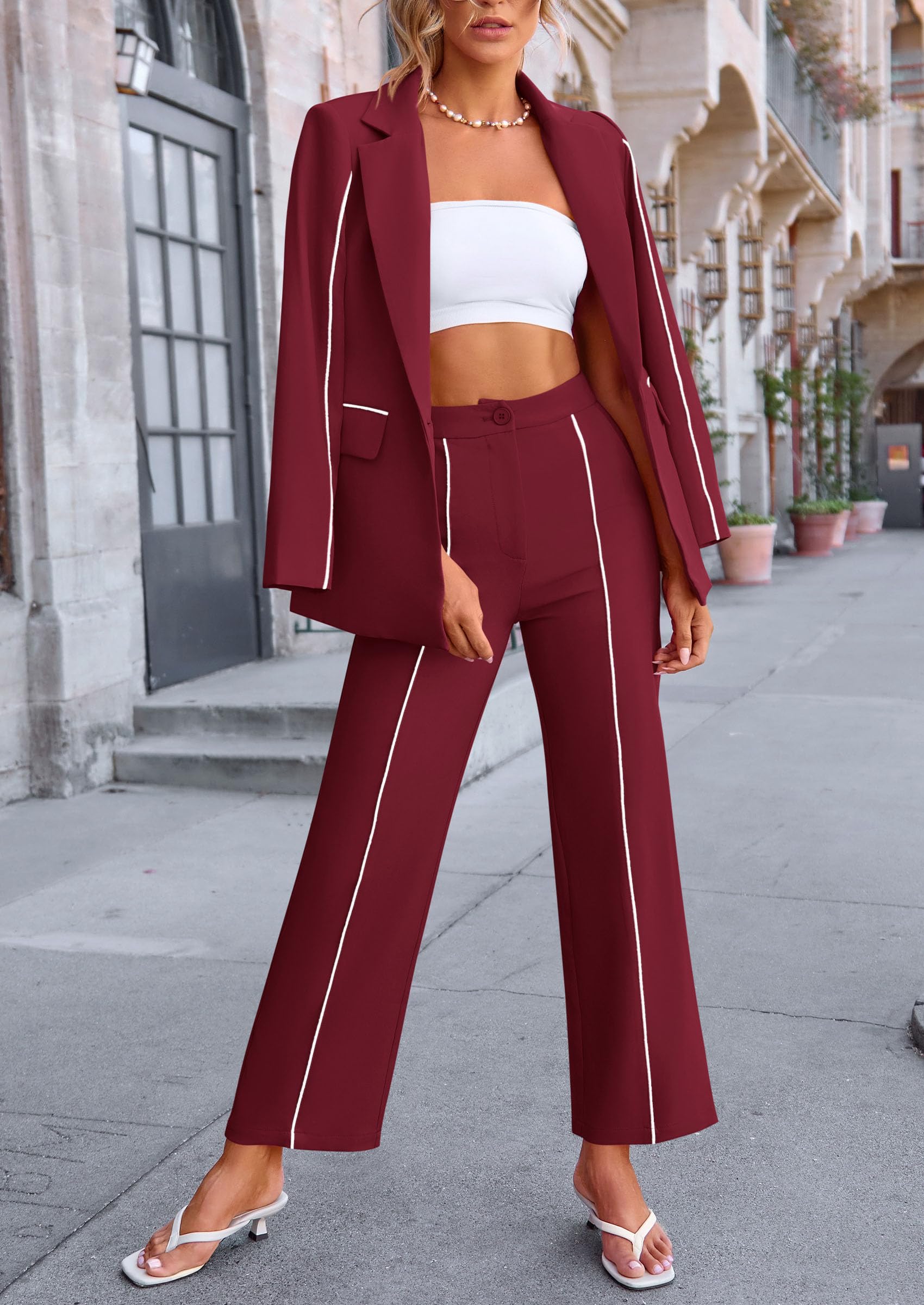 Women's 2 Piece Blazer Business Casual Outfits(Wine Red,S)