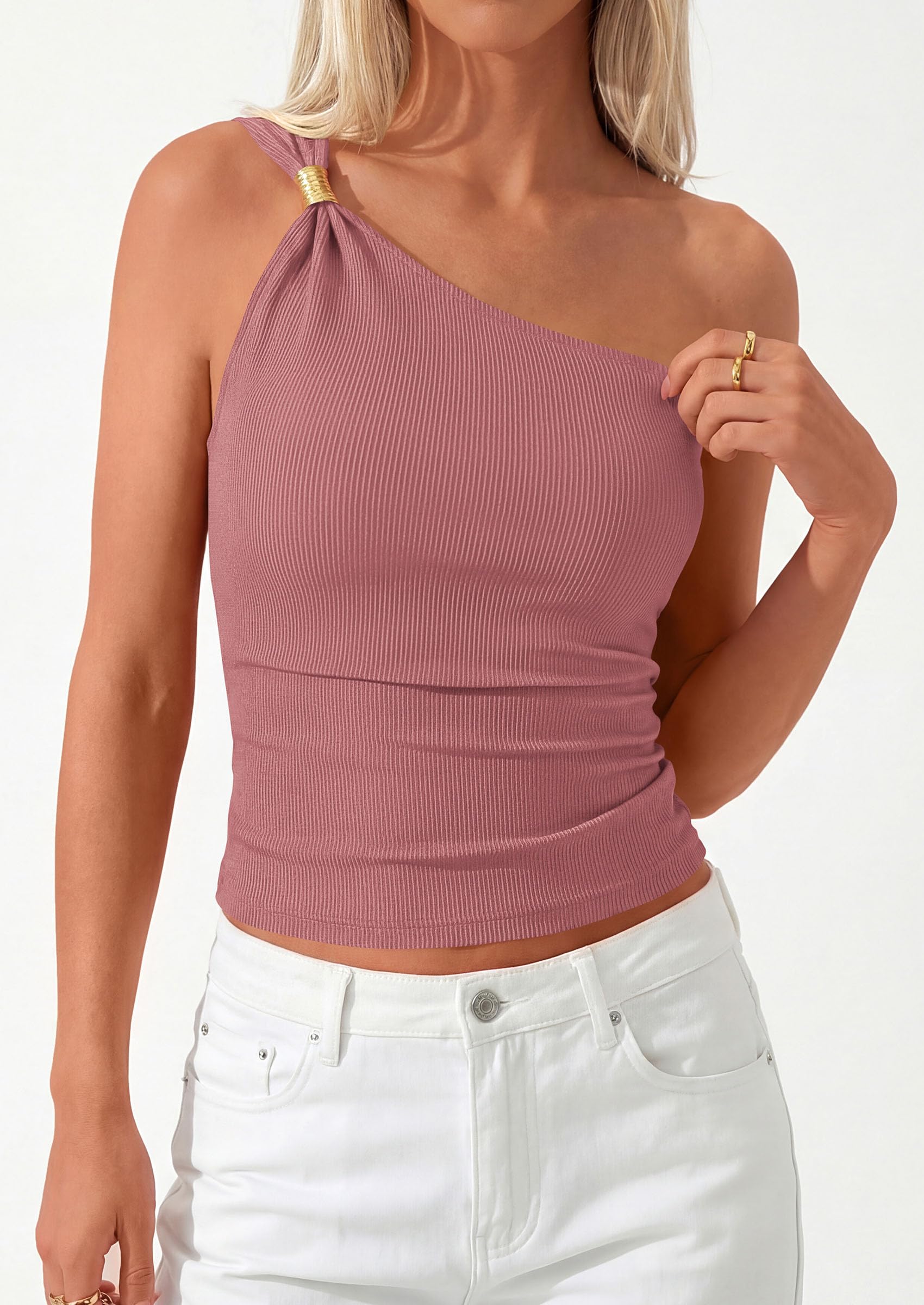 Women's Asymmetrical One Shoulder Y2K Tops, Dark Pink,M