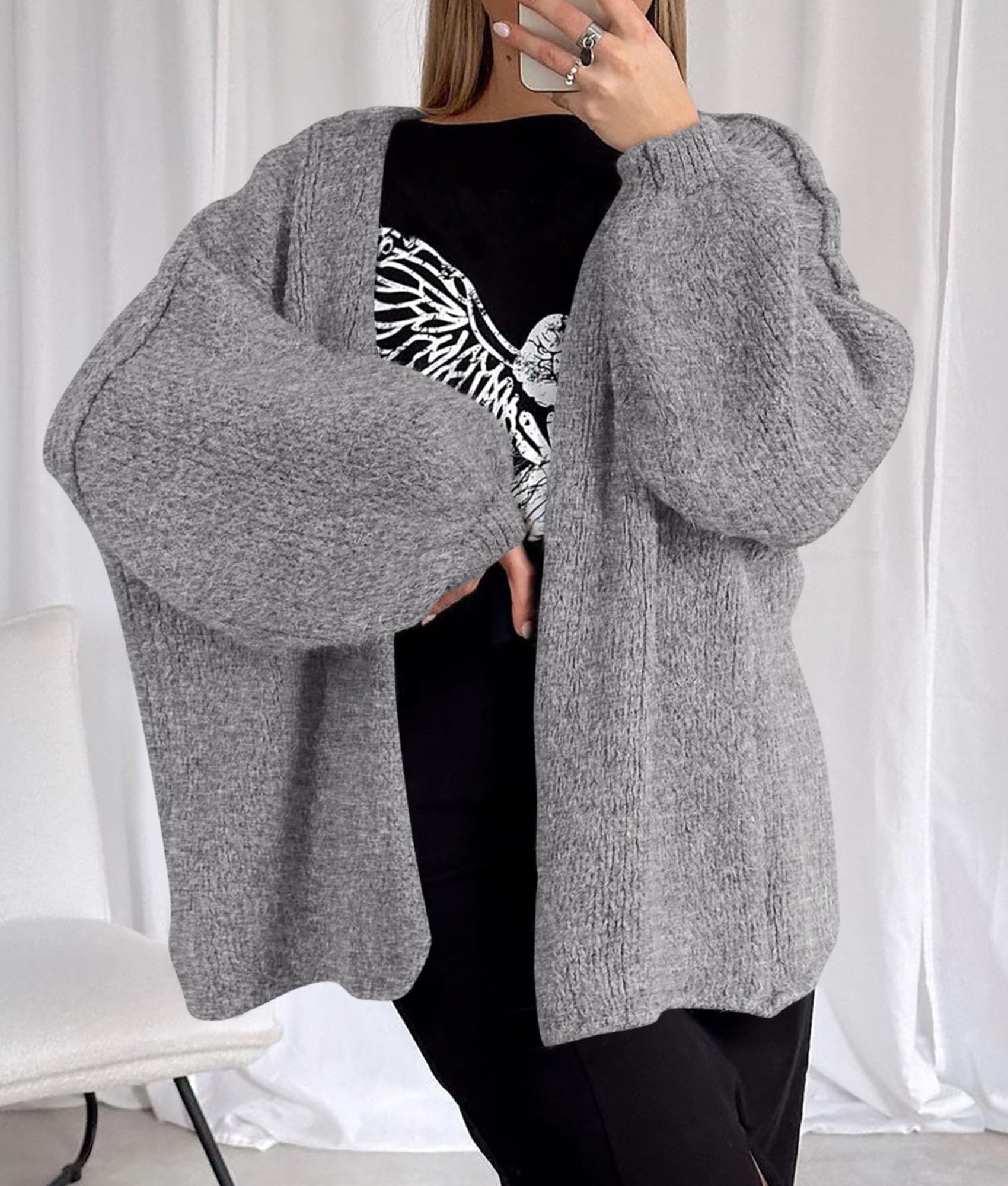 Womens Open Front Oversized Cardigan Sweaters,Grey,XS
