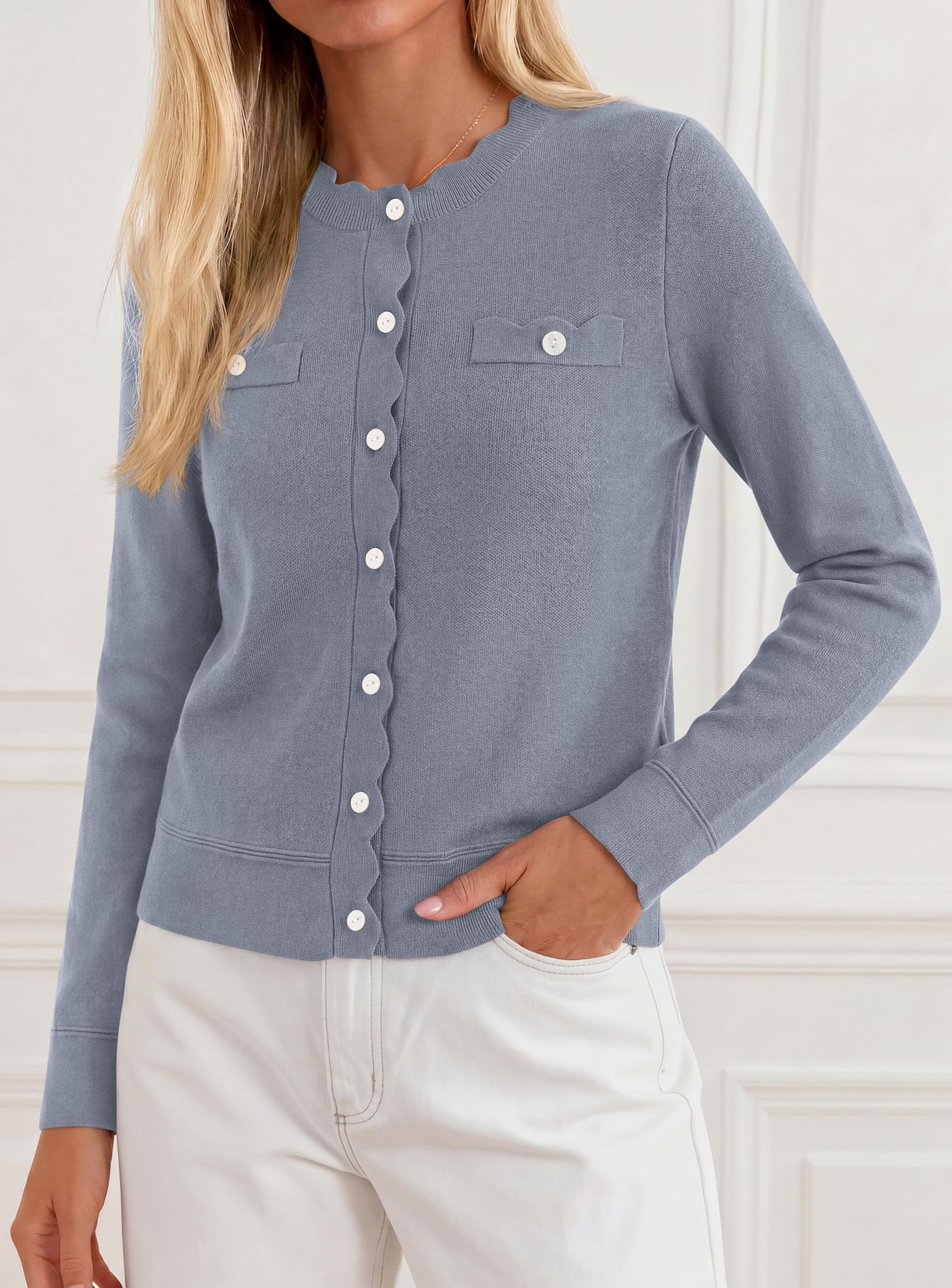 Womens Lightweight Cardigan Sweaters Scalloped Trim Fall Tops