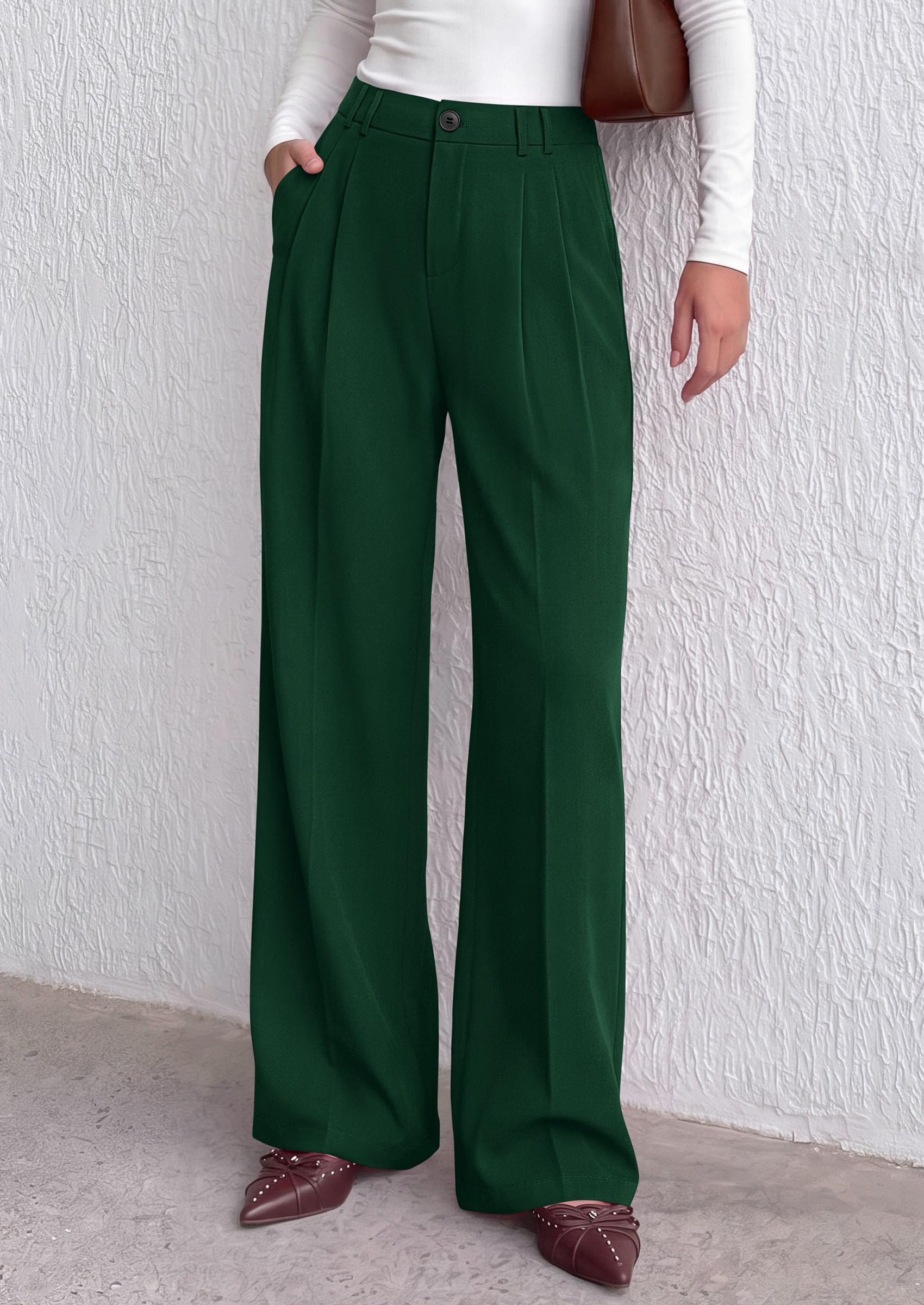 Women's Dress Pants Wide Leg Flowy Trousers,Dark Green,S