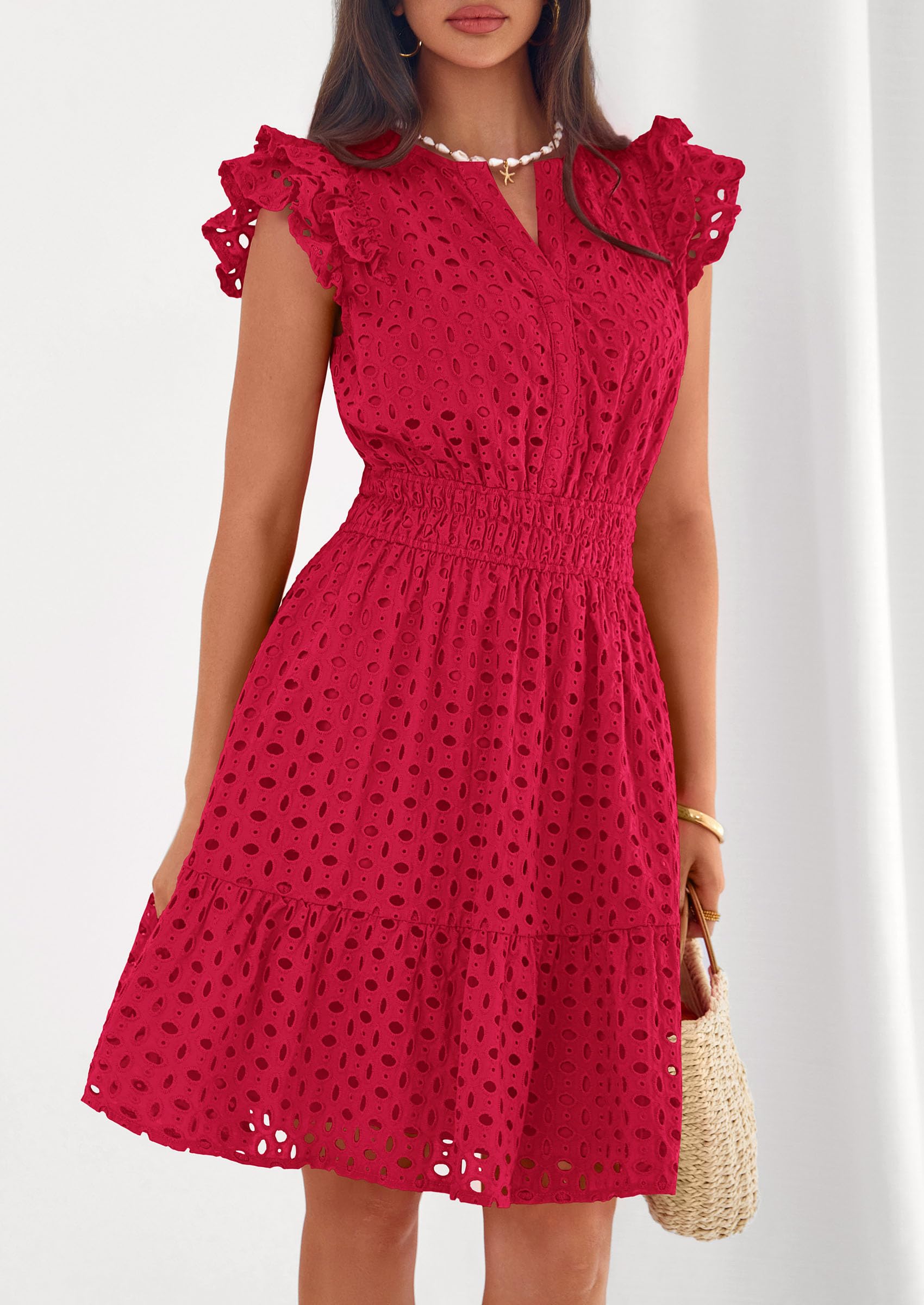 Women's Summer V Neck Eyelet Short Dress (Red,Small)