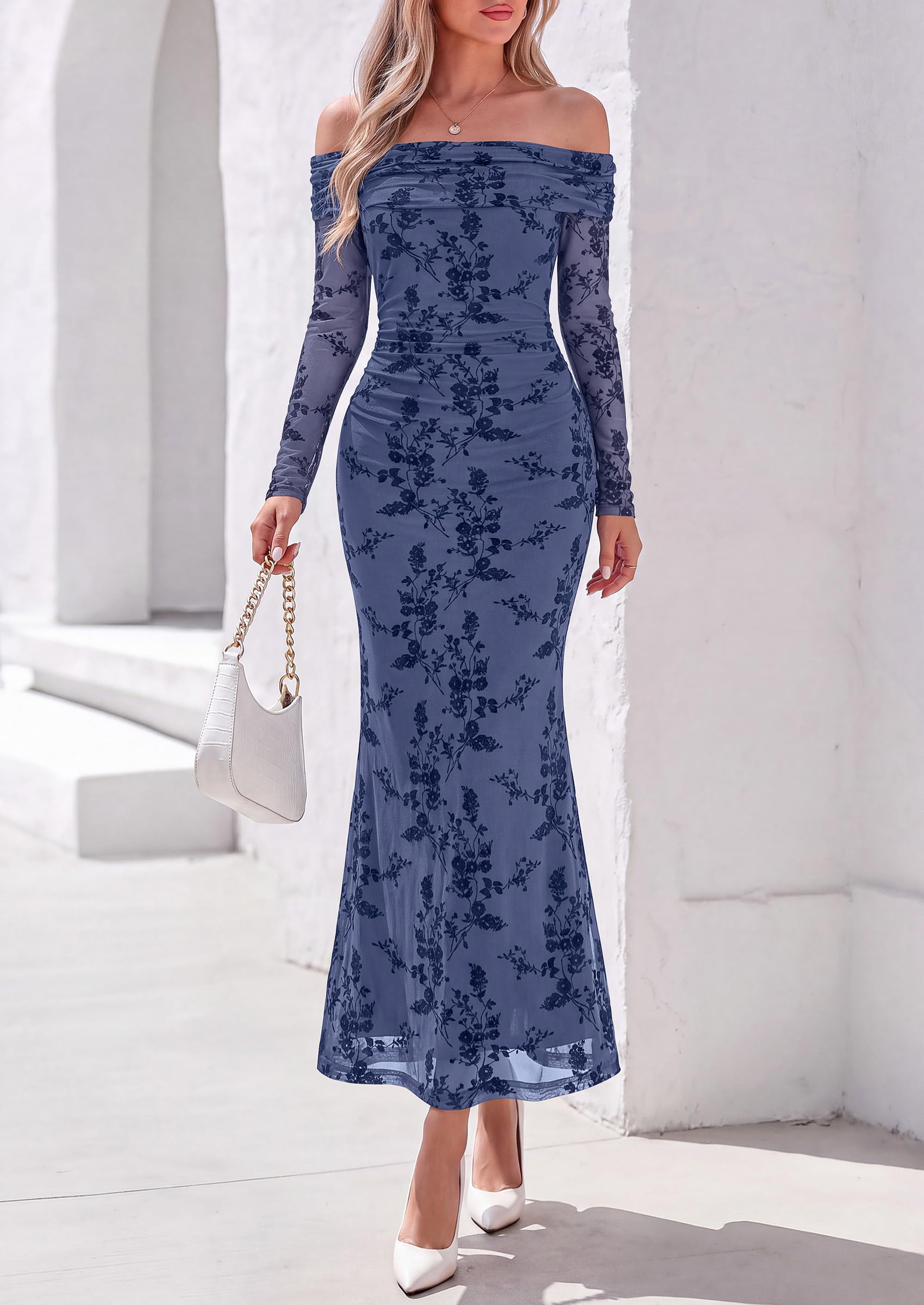 Womens Fall Off Shoulder Floral Maxi Wedding Guest Dress