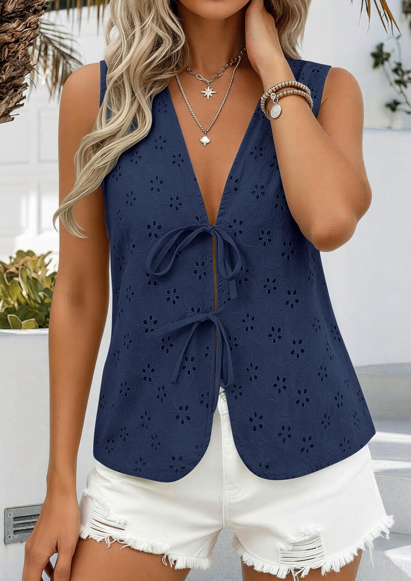 Women's Summer Eyelet Lace Tie Front Vest Tops (Navy Blue,S)