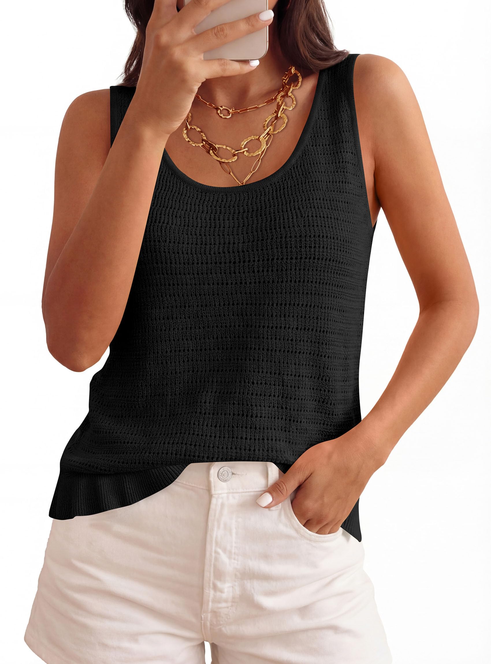 Women's Summer Crochet Knit Tank Tops,Black,S