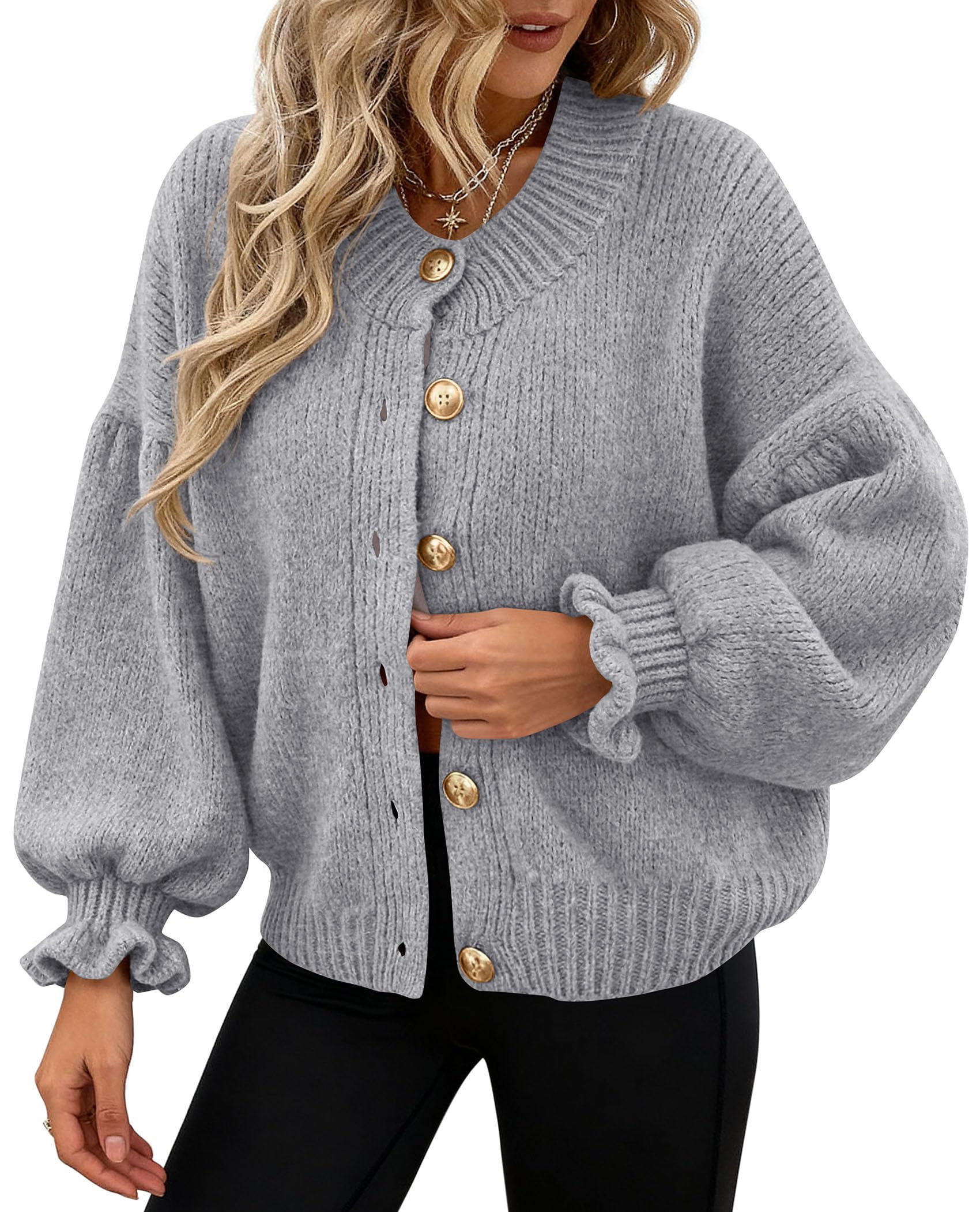 Womens Long Sleeve Chunky Knit Cardigan Sweaters,Grey,S
