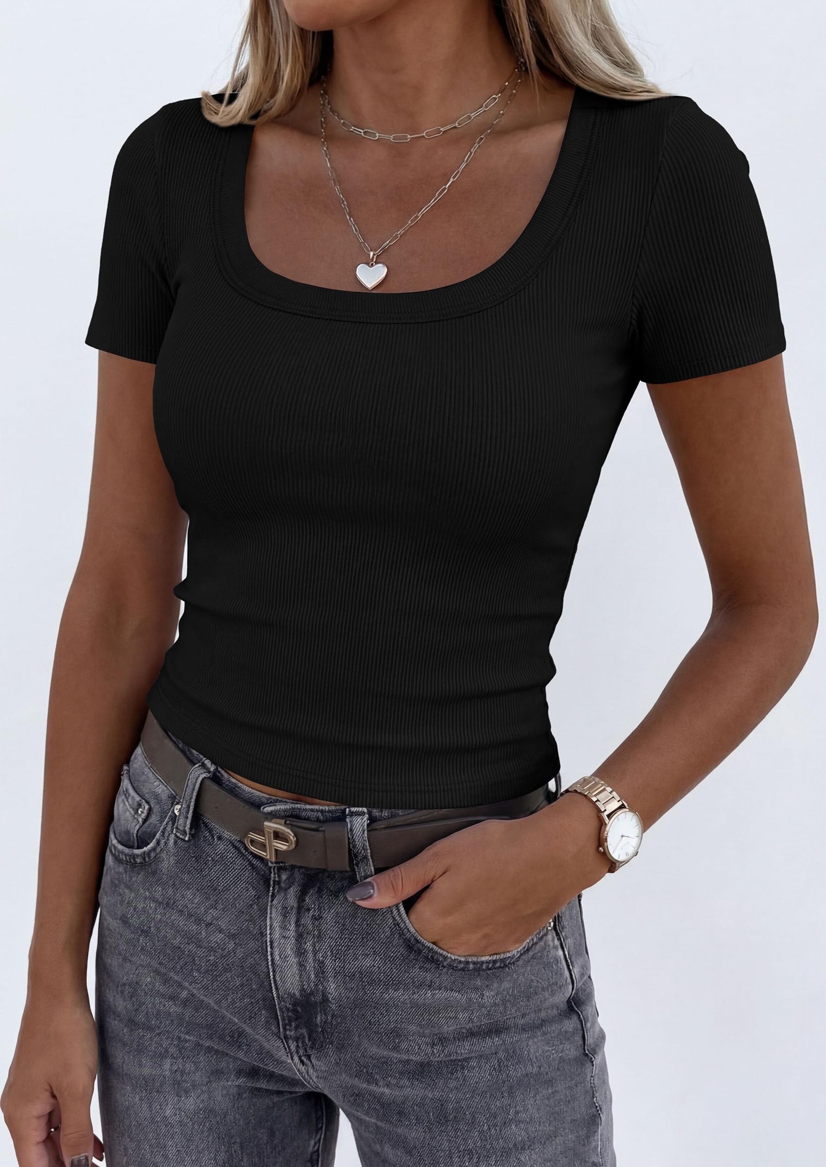 Womens Summer Short Sleeve Scoop Neck Tops,Black,S