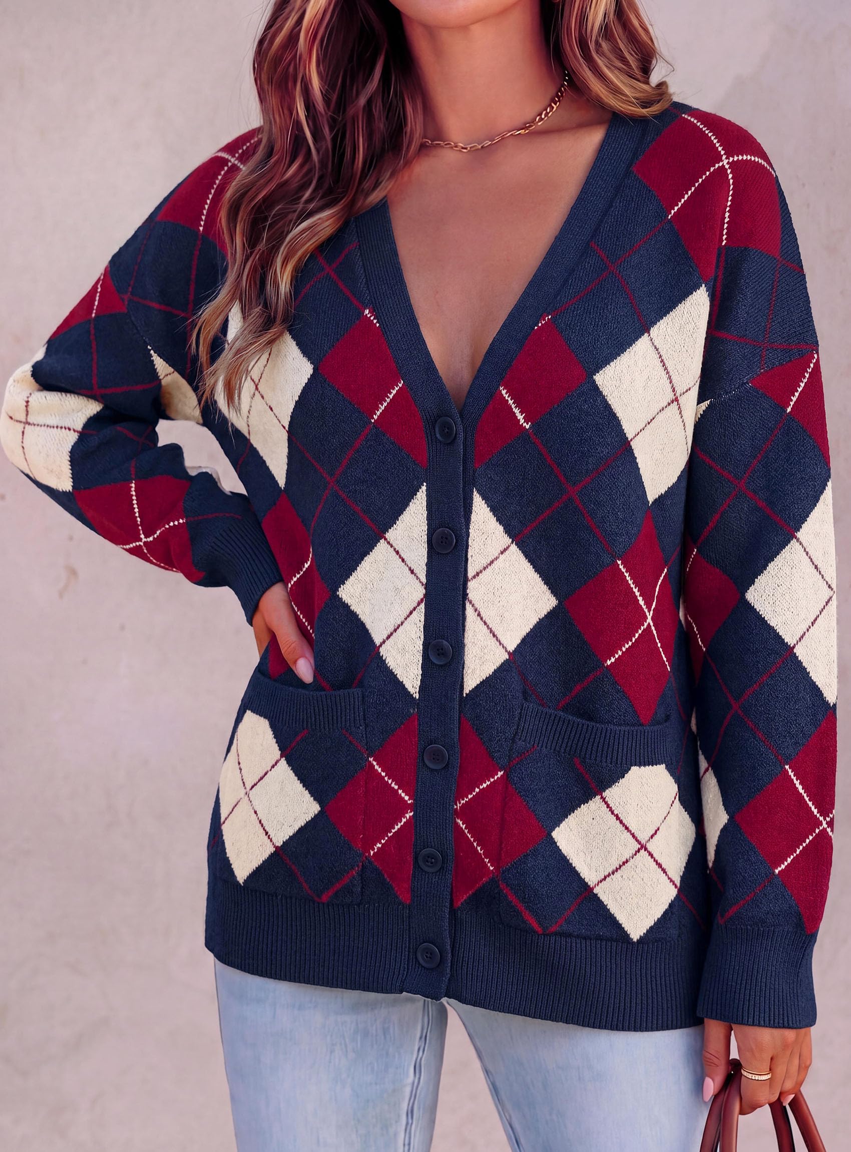 Women's Cardigan Argyle Winter Sweaters (Plaid Navy Blue,S)