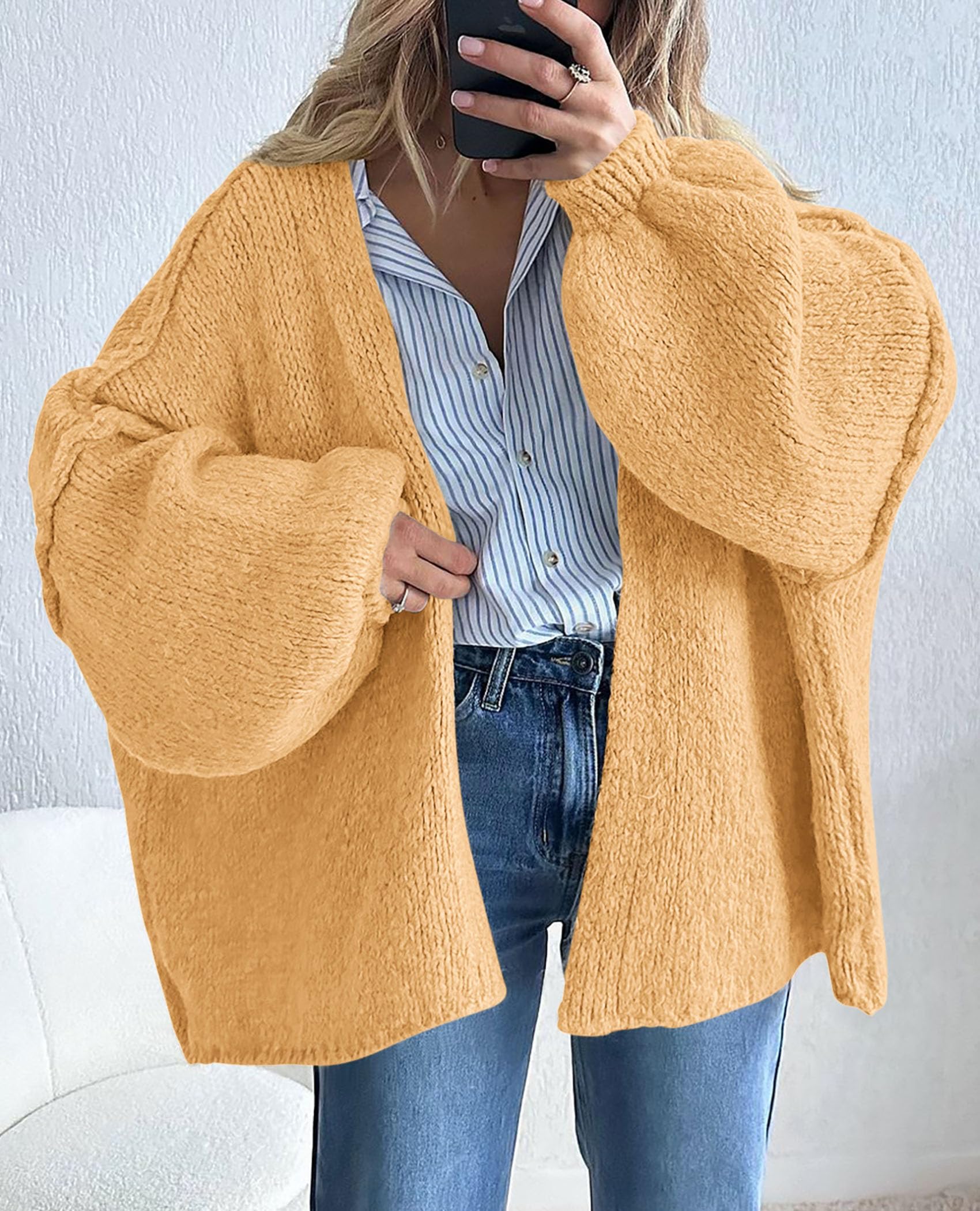 Womens Open Front Oversized Cardigan Sweaters,Light Yellow,XS