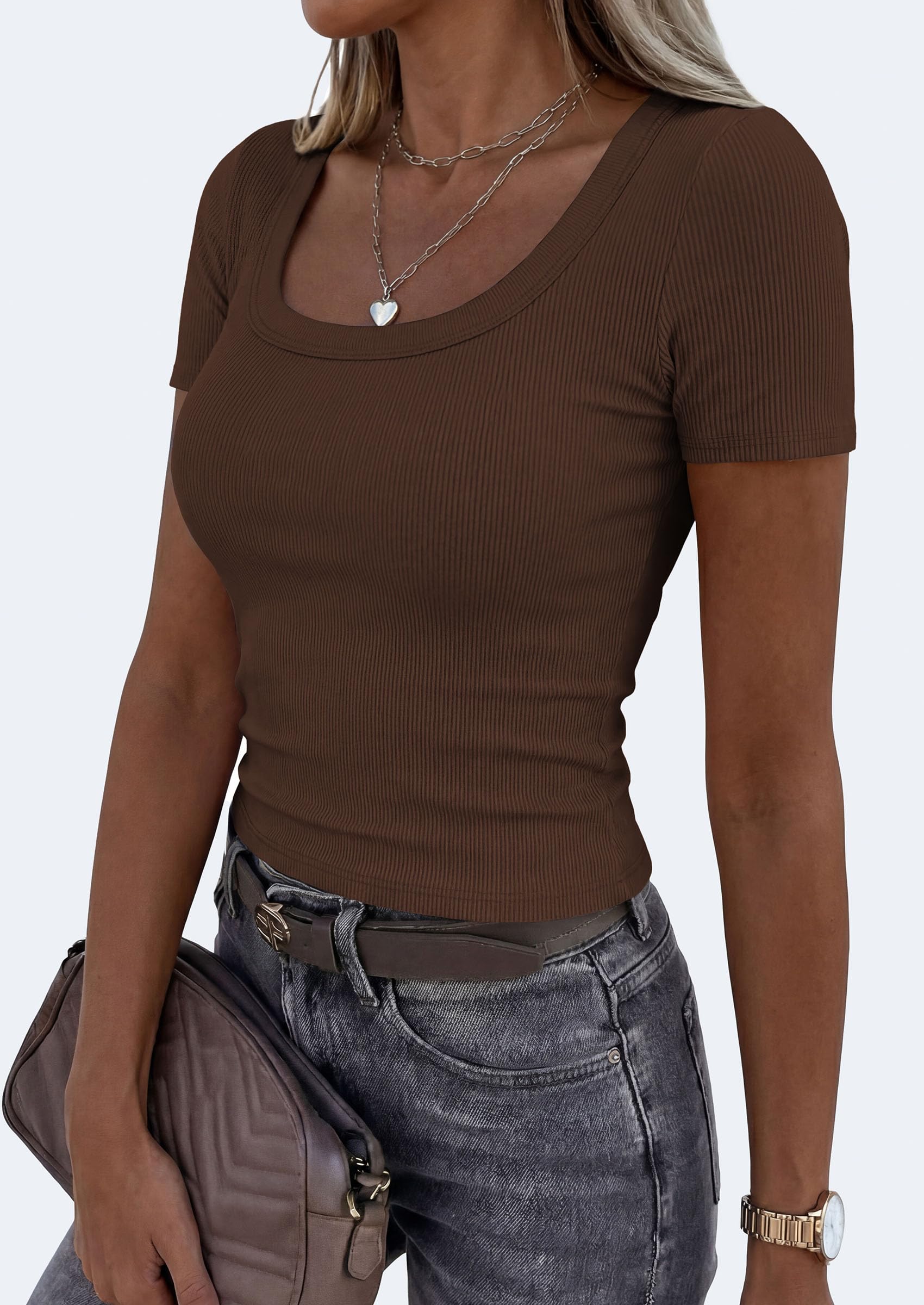 Womens Summer Short Sleeve Scoop Neck Tops,Coffee,S