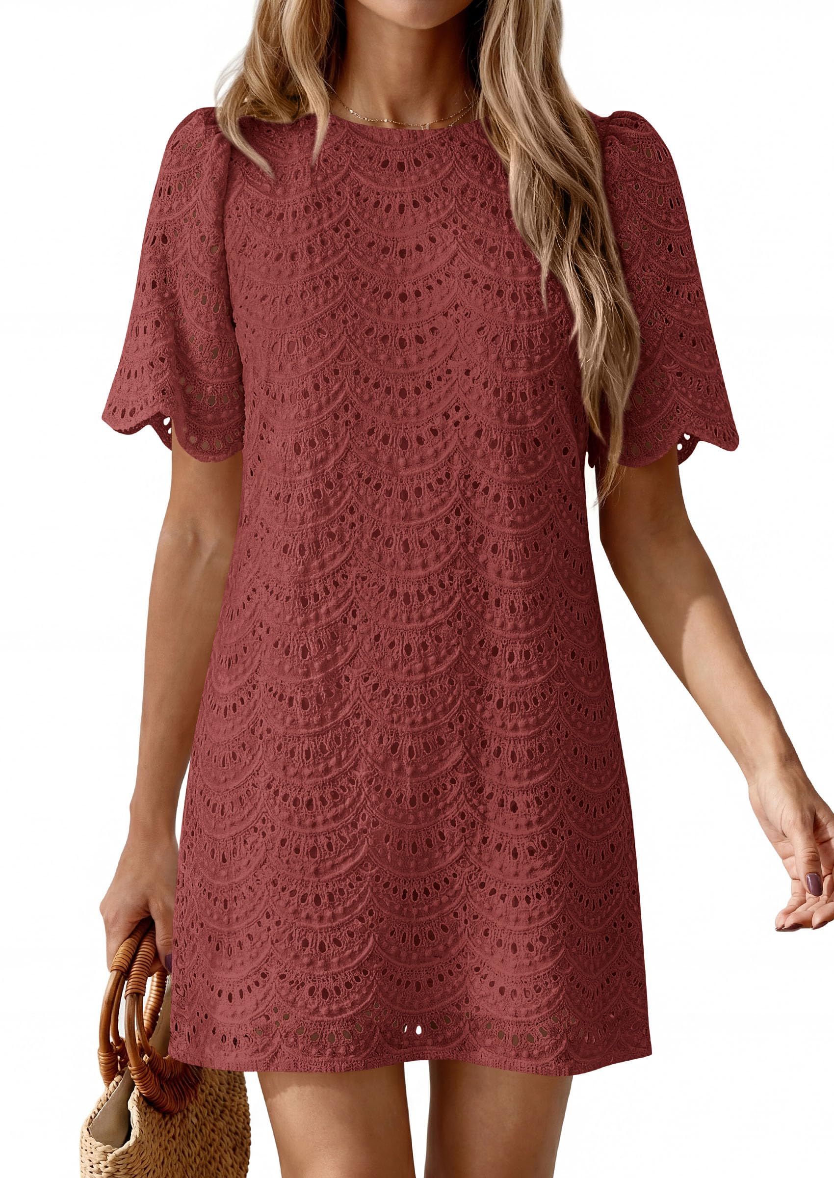 Women's Summer Eyelet Lace Short Dress (Brown Red,S)