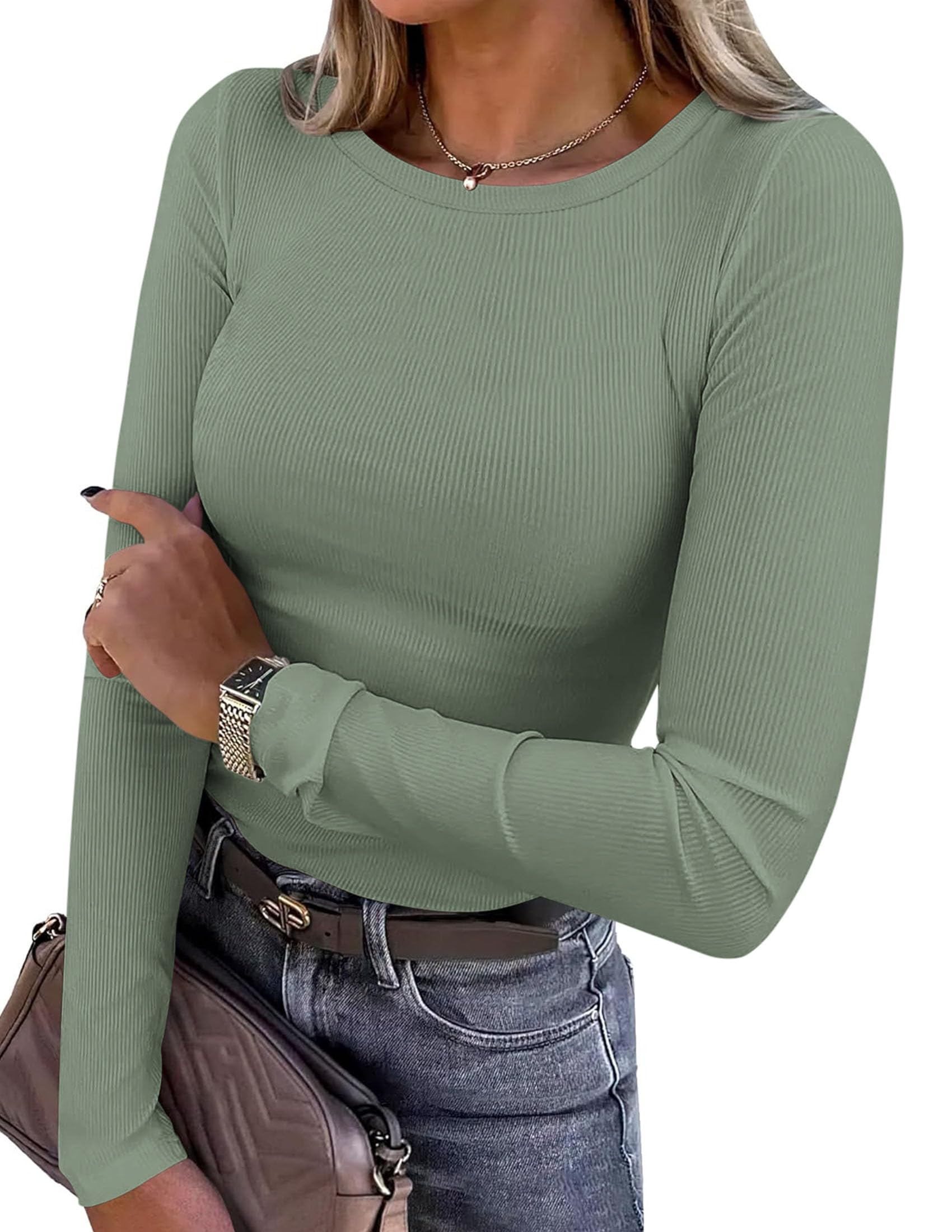 Women's Fall Long Sleeve Shirts Basic Tees (Sage Green,XS)