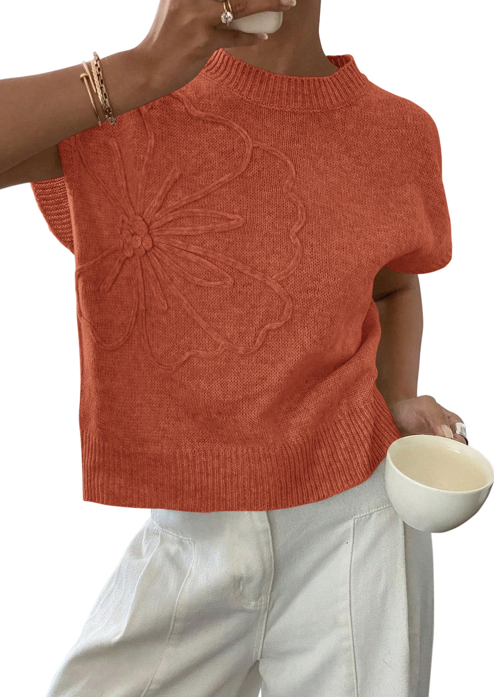 Women's Summer Short Cap Sleeve Sweater Vest (Burnt Orange,S)