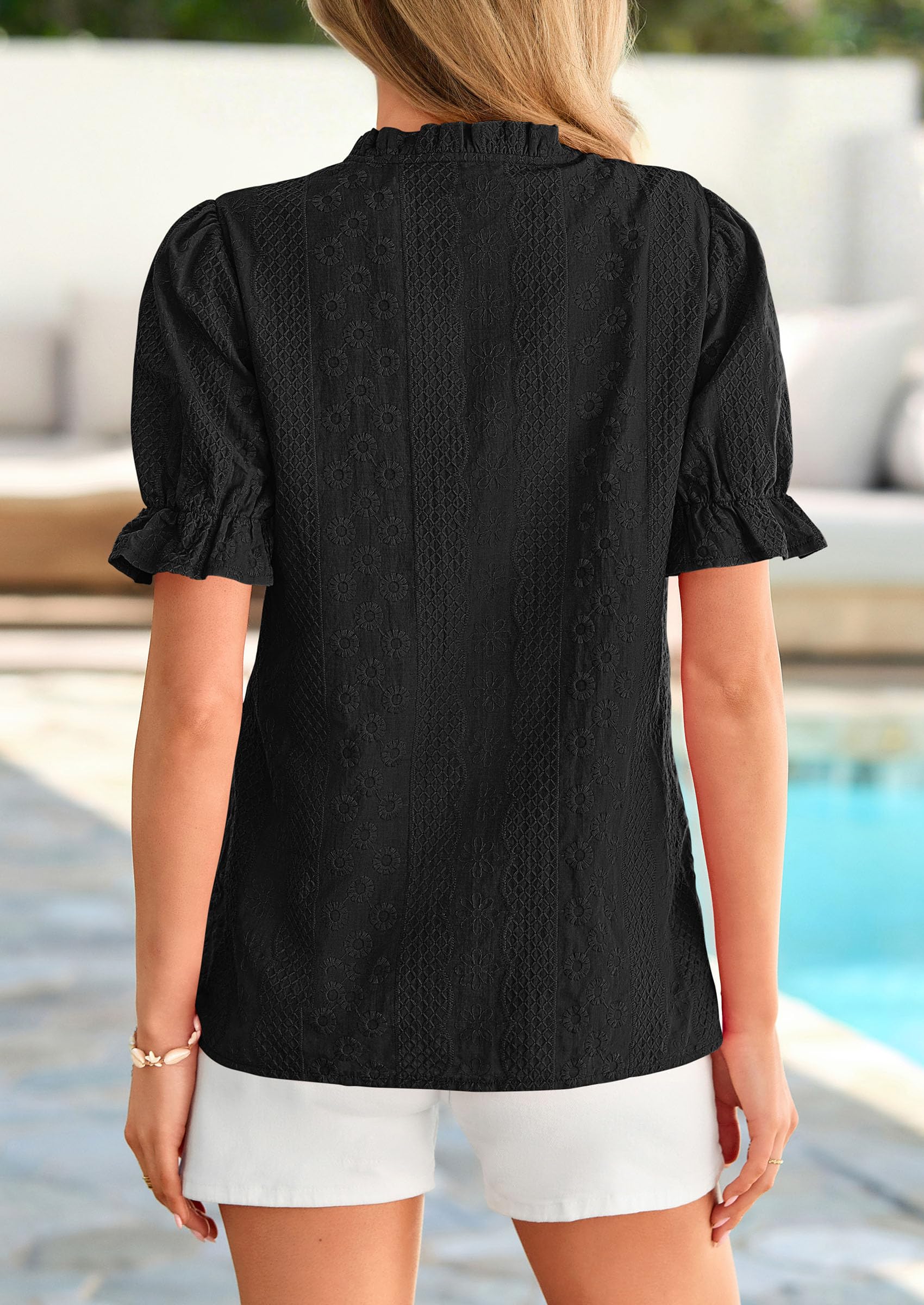 Womens Embroidered Puff Short Sleeve Tops,Black,S