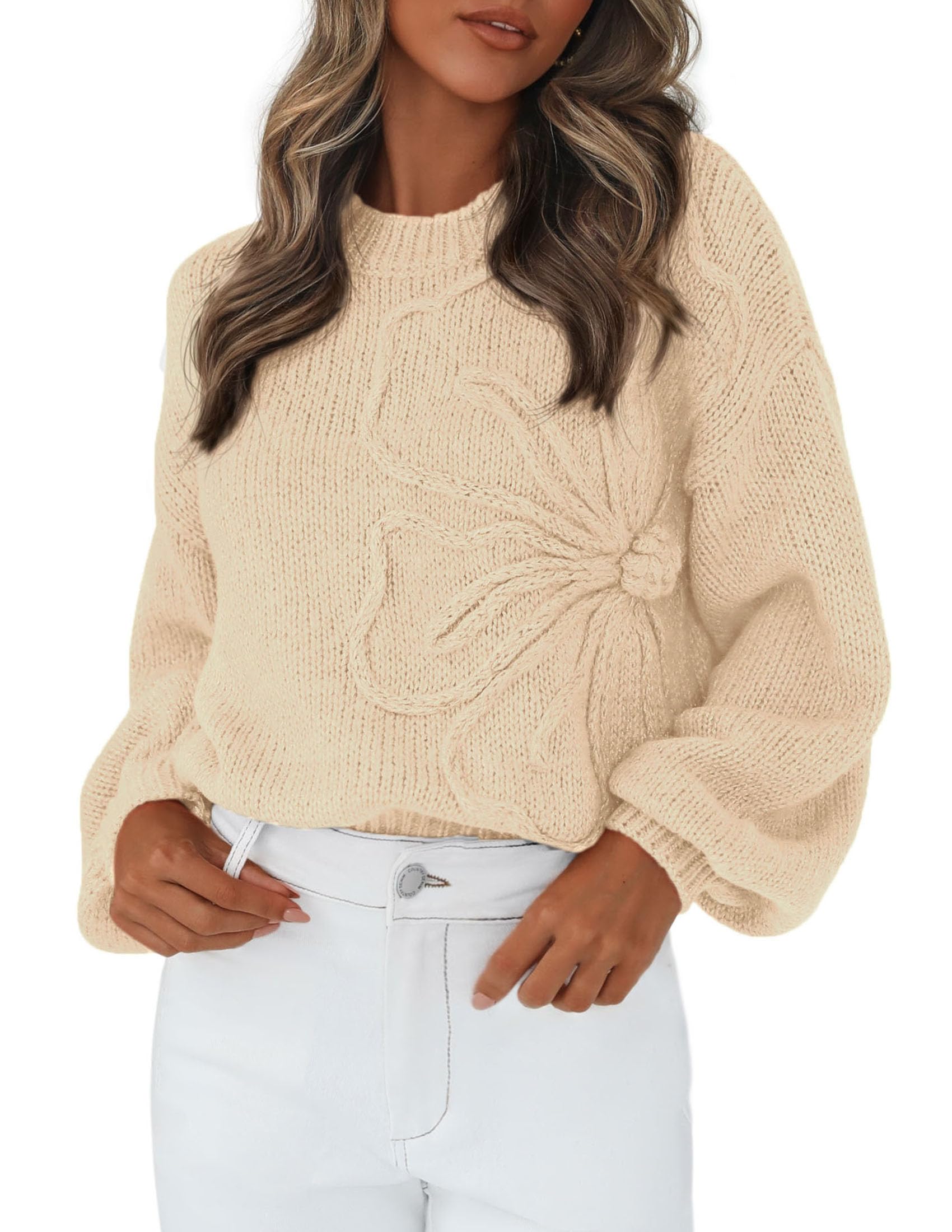 Women's Oversized 3D Floral Knit Sweater,Apricot,S