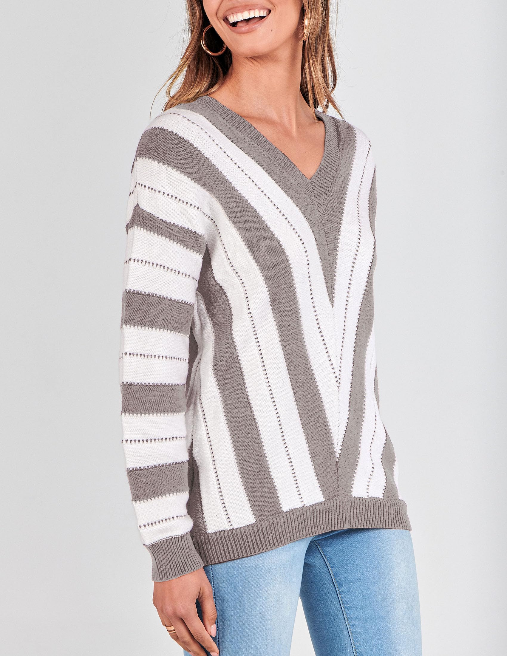 Sweaters for Women 2025 Long Sleeve Striped Knitted V Neck Pullover Jumper Tops Fall Outfits Fashion Clothing (Striped Grey,Small)