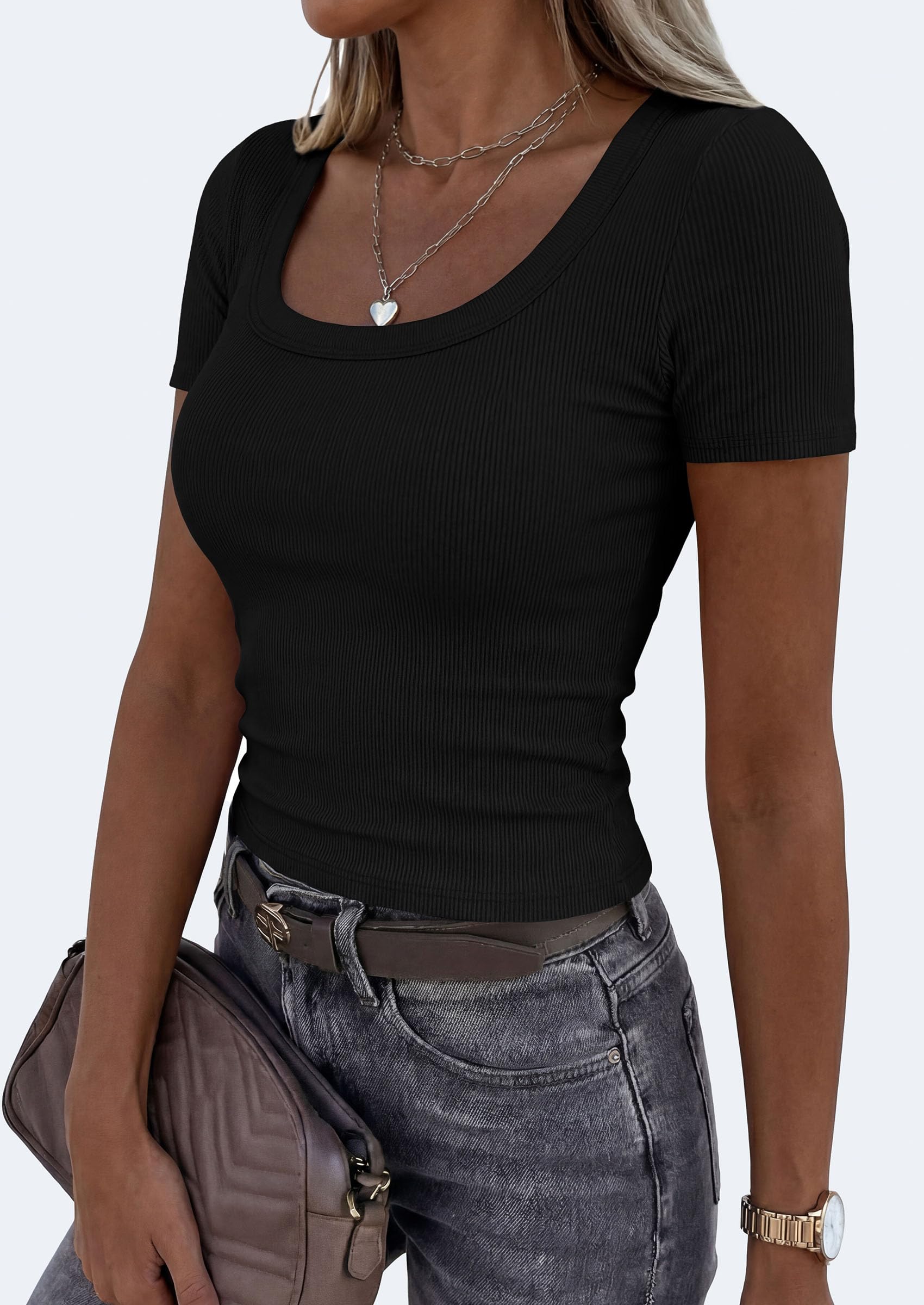 Womens Summer Short Sleeve Scoop Neck Tops,Black,S