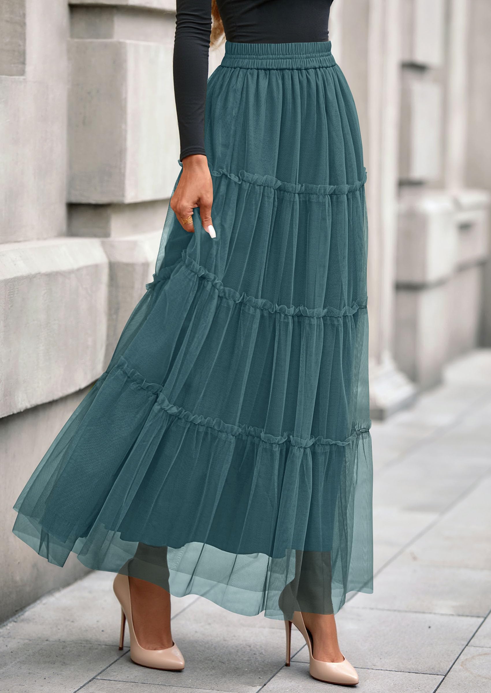 Women's Fall Soft Tulle Tiered Long Skirt,Sage Green,M