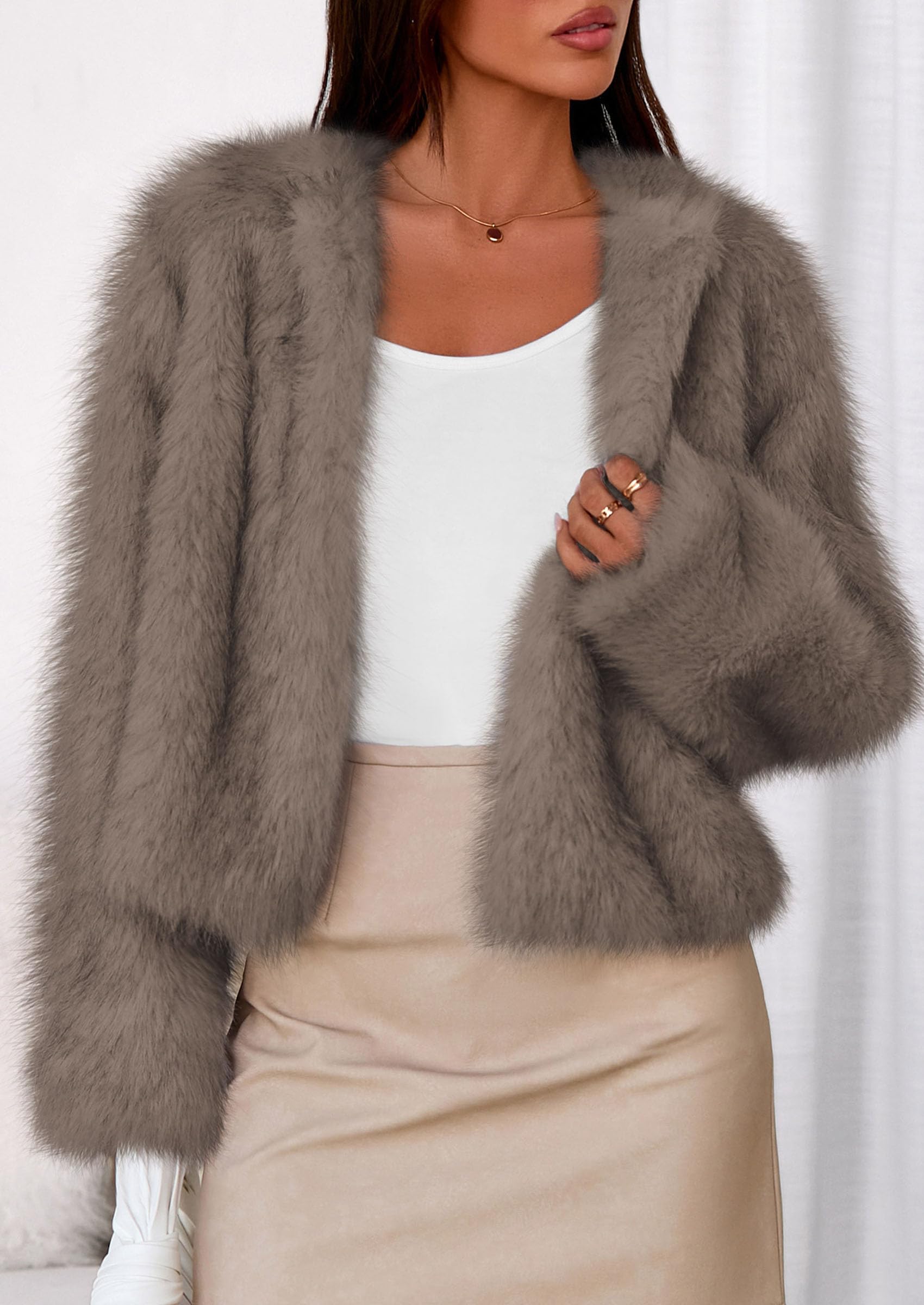 Womens Winter Coats Open Front Faux Fur Jacket,Taupe,XXL