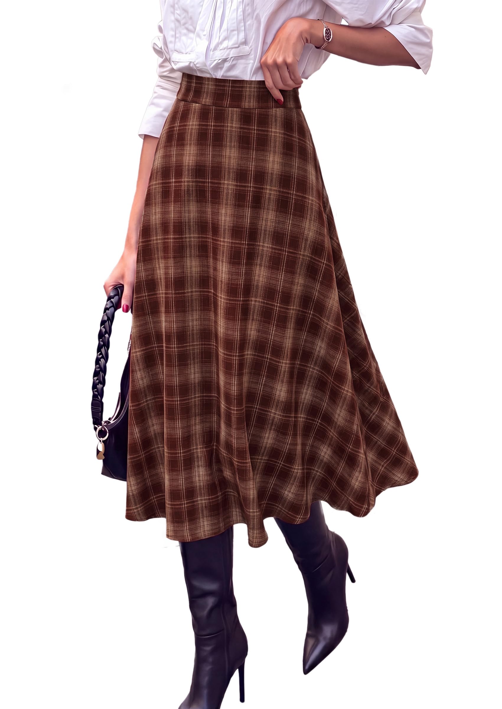 Women's Plaid High Waisted A-Line Midi Skirts,Brown Red,S