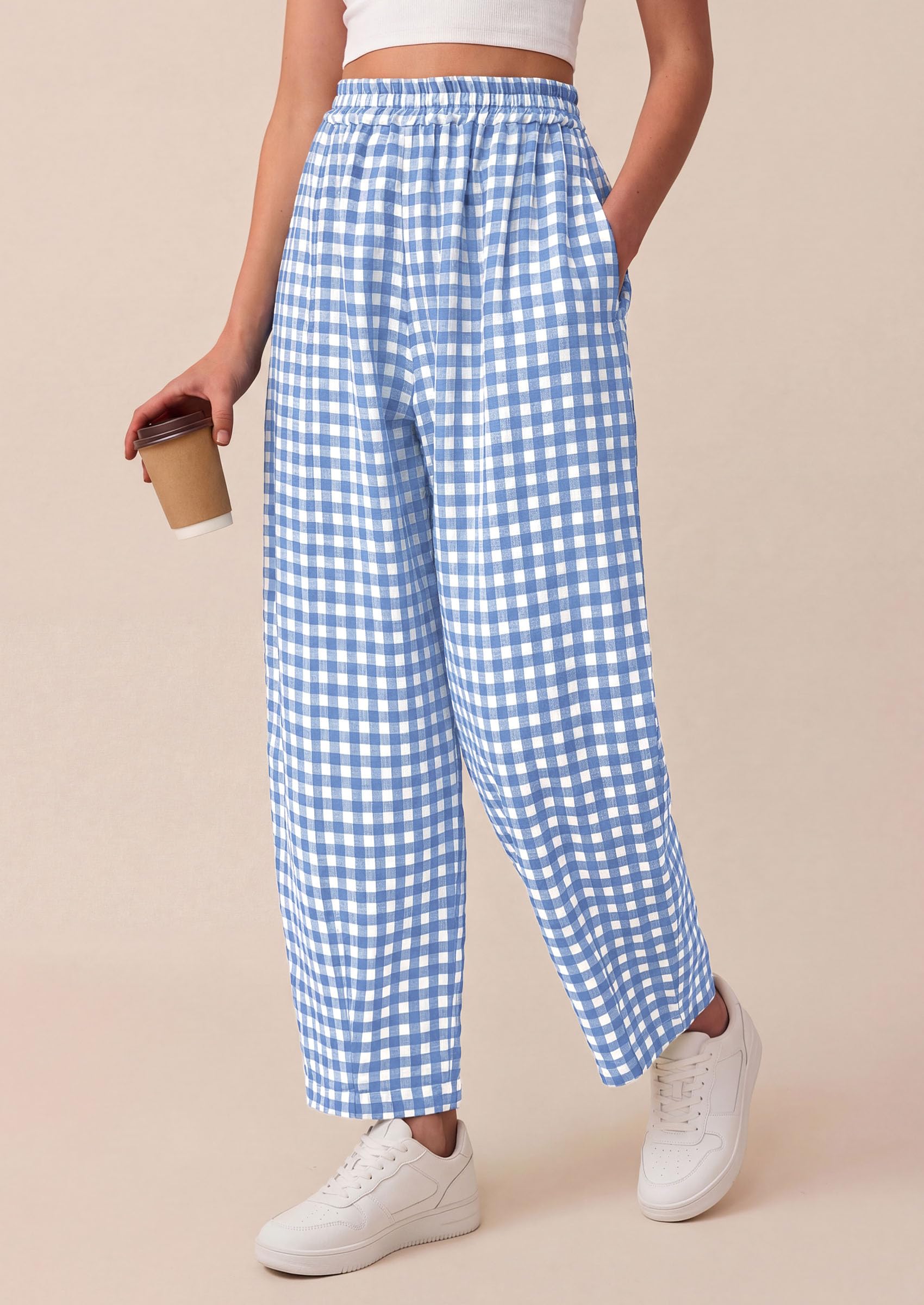 Plaid Barrel Pants Women Summer Bottoms, Light Blue Plaid,S